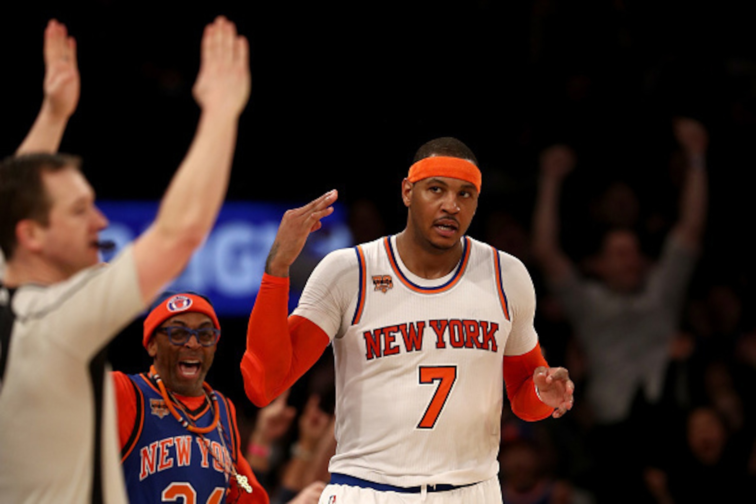 NEW YORK, NY - FEBRUARY 12:  Carmelo Anthony #7 of the New York Knicks celebrates his three point shot in the final minutes of the game against the San Antonio Spurs at Madison Square Garden on February 12, 2017 in New York City. NOTE TO USER: User expres