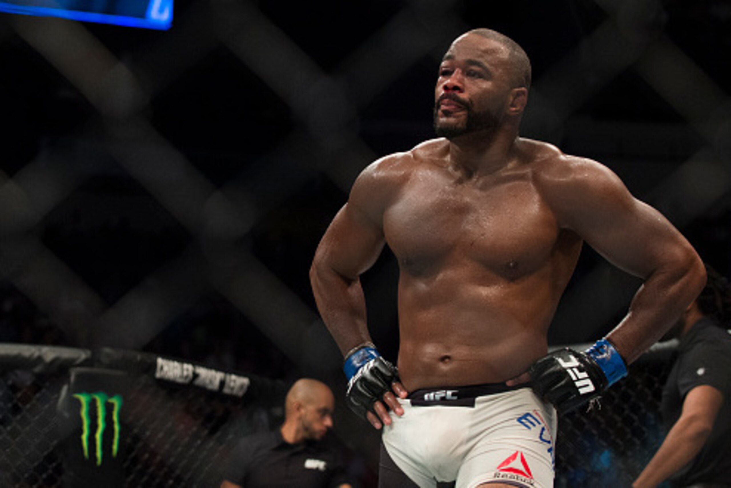HOUSTON, TX - OCTOBER 3:  Rashad Evans reacts after losing to Ryan Bader during UFC 192 at the Toyota Center on October 3, 2015 in Houston, Texas. (Photo by Cooper Neill/Zuffa LLC/Zuffa LLC via Getty Images)