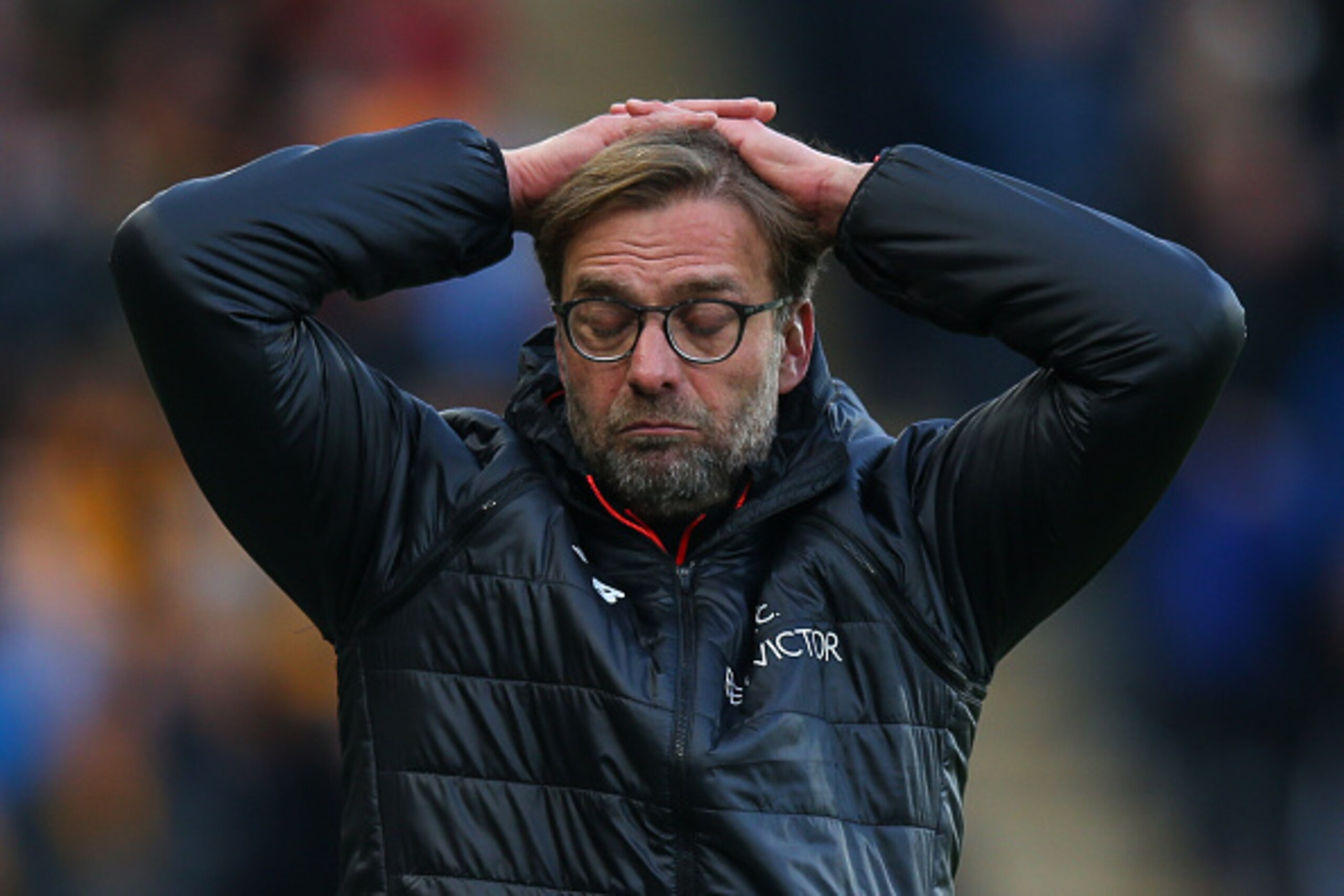 HULL, ENGLAND - FEBRUARY 04: Jurgen Klopp manager / head coach of Liverpool reacts after a missed chance on goal during the Premier League match between Hull City and Liverpool at KCOM Stadium on February 4, 2017 in Hull, England. (Photo by Robbie Jay Bar