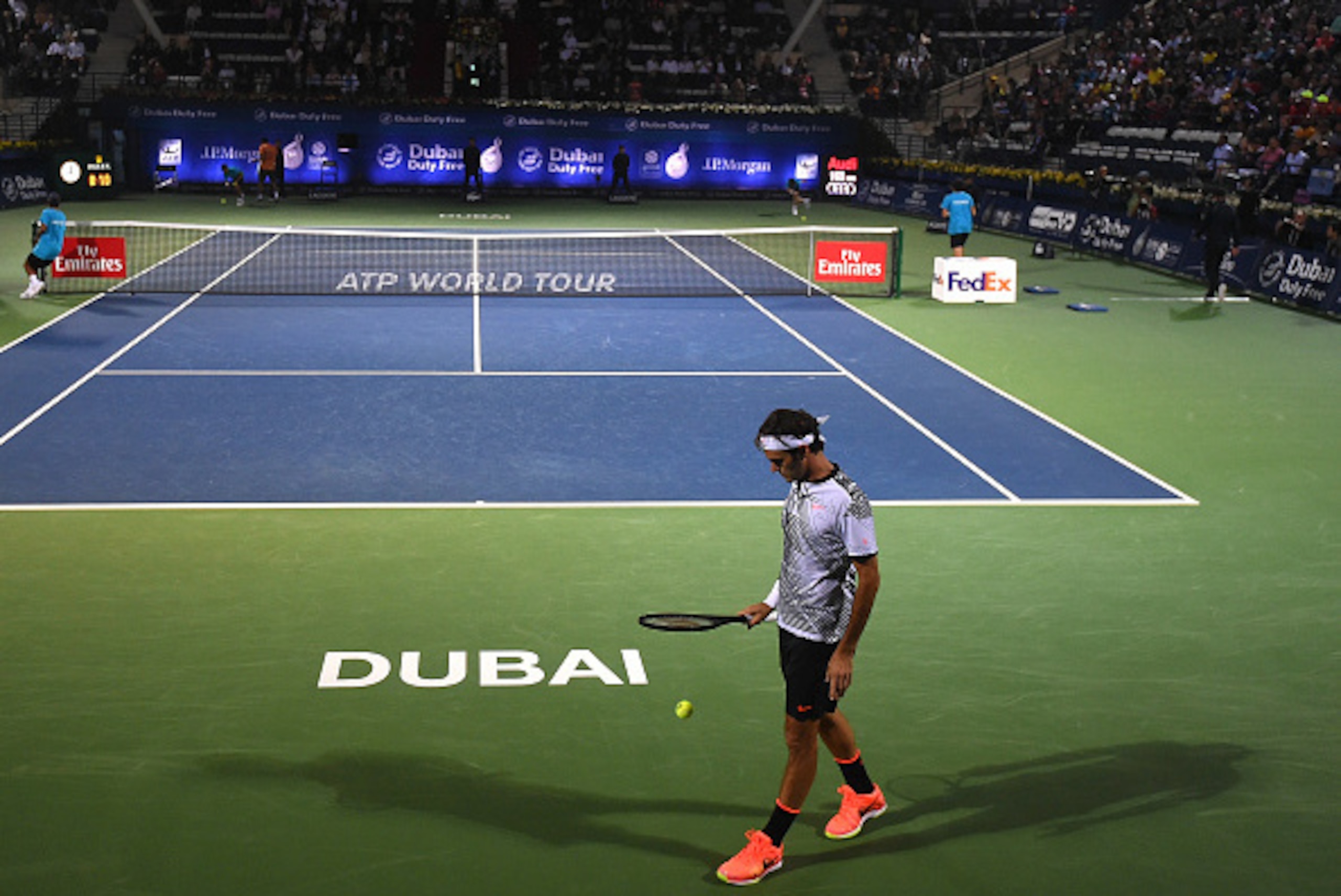 DUBAI, UNITED ARAB EMIRATES - MARCH 01:  Roger Federer of Switzerland during his second round match against Evgeny Donskoy of Russia on day four of the ATP Dubai Duty Free Tennis Championship on March 1, 2017 in Dubai, United Arab Emirates.  (Photo by Tom