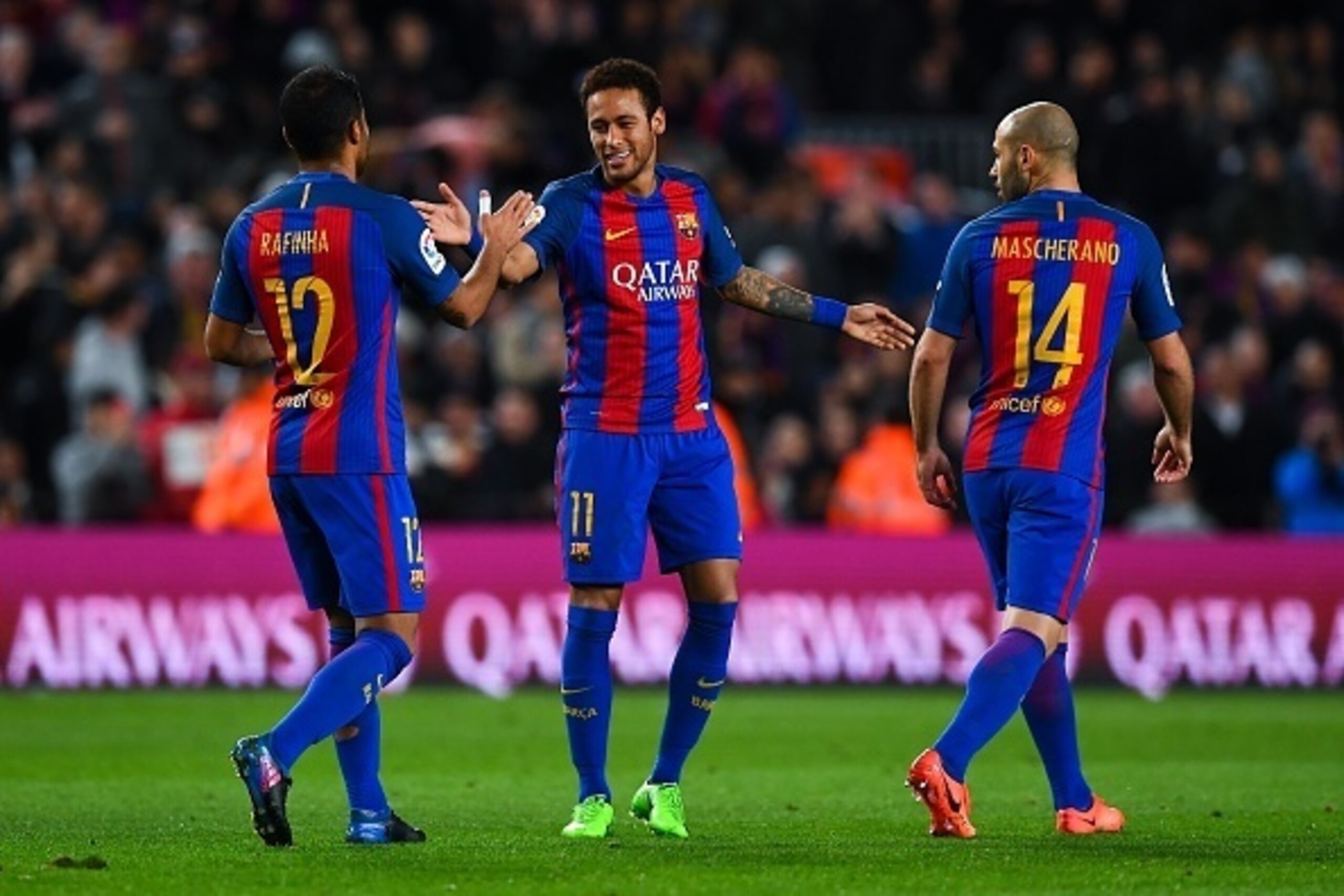 BARCELONA, SPAIN - MARCH 01: Neymar Jr. of FC Barcelona celebrates with his team mates after scoring his team's fifth goal during the La Liga match between FC Barcelona and Real Sporting de Gijon at Camp Nou stadium on March 1, 2017 in Barcelona, Spain. BARCELONA, SPAIN - MARCH 01: Neymar Jr. of FC Barcelona celebrates with his team mates after scoring his team's fifth goal during the La Liga match between FC Barcelona and Real Sporting de Gijon at Camp Nou stadium on March 1, 2017 in Barcelona, Spain.