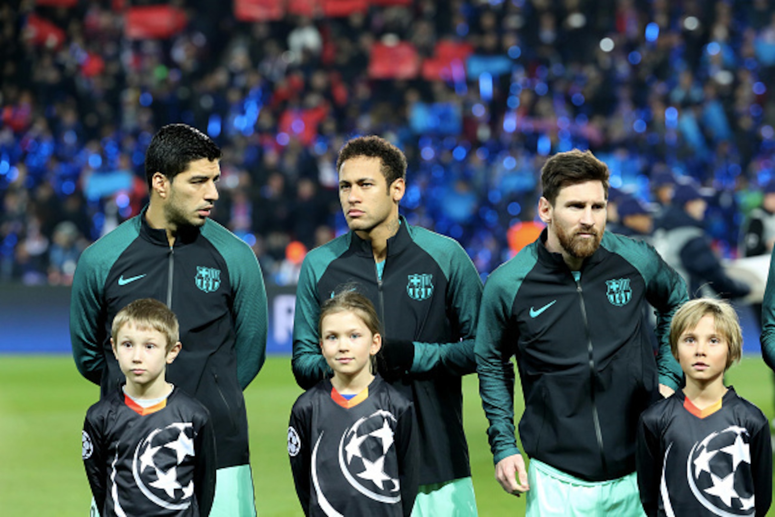 PARIS, FRANCE - FEBRUARY 14: Luis Suarez, Neymar and Lionel Messi of Barcelona FC during the UEFA Champions League Round of 16 first leg match between Paris Saint-Germain and FC Barcelona at Parc des Princes on February 14, 2017 in Paris, France.  (Photo 