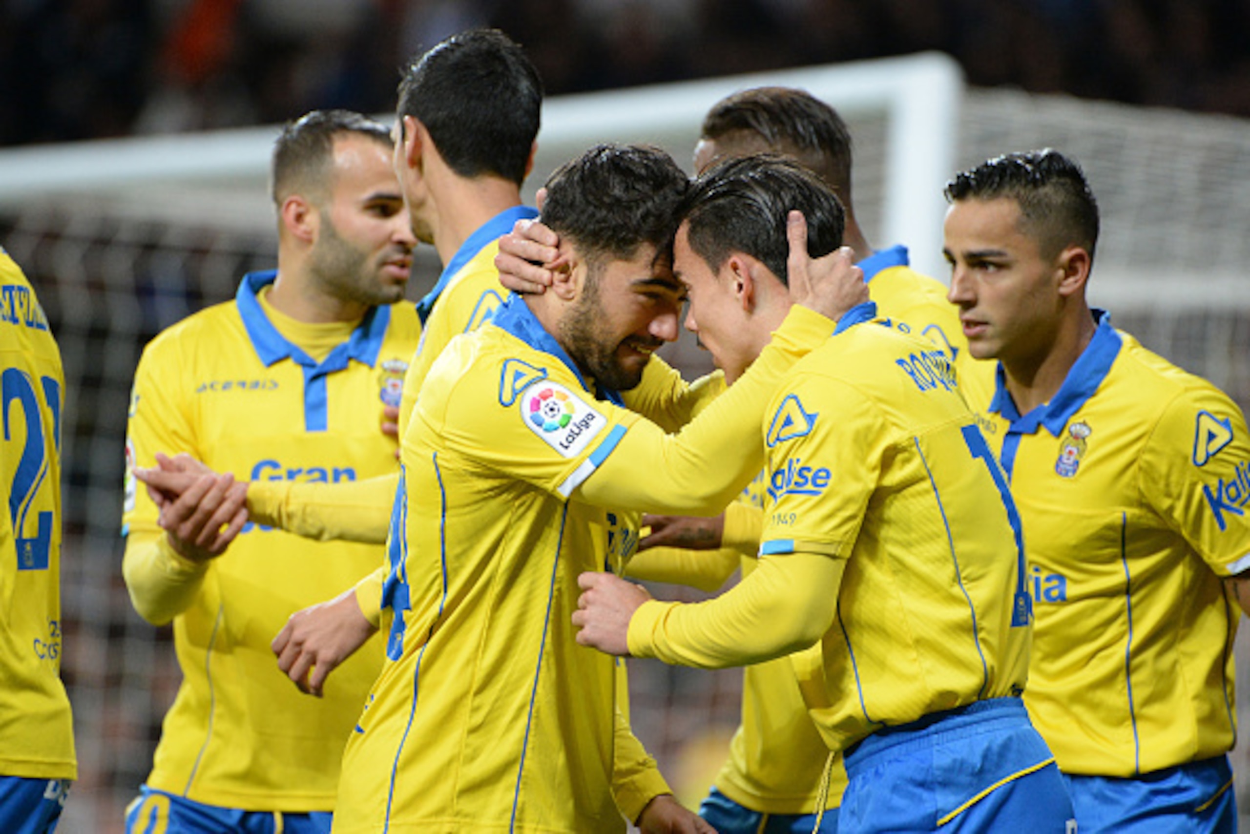 MADRID, SPAIN - MARCH 1:  Tana, #24 of UD Las Palmas celebrates  with Roque Mesa, #15 of UD Las Palmas  after scoring his team's first goal during the La Liga match between Real Madrid CF v UD Las Palmas at  Santiago Bernabeu on March 1, 2017 in Madrid, S