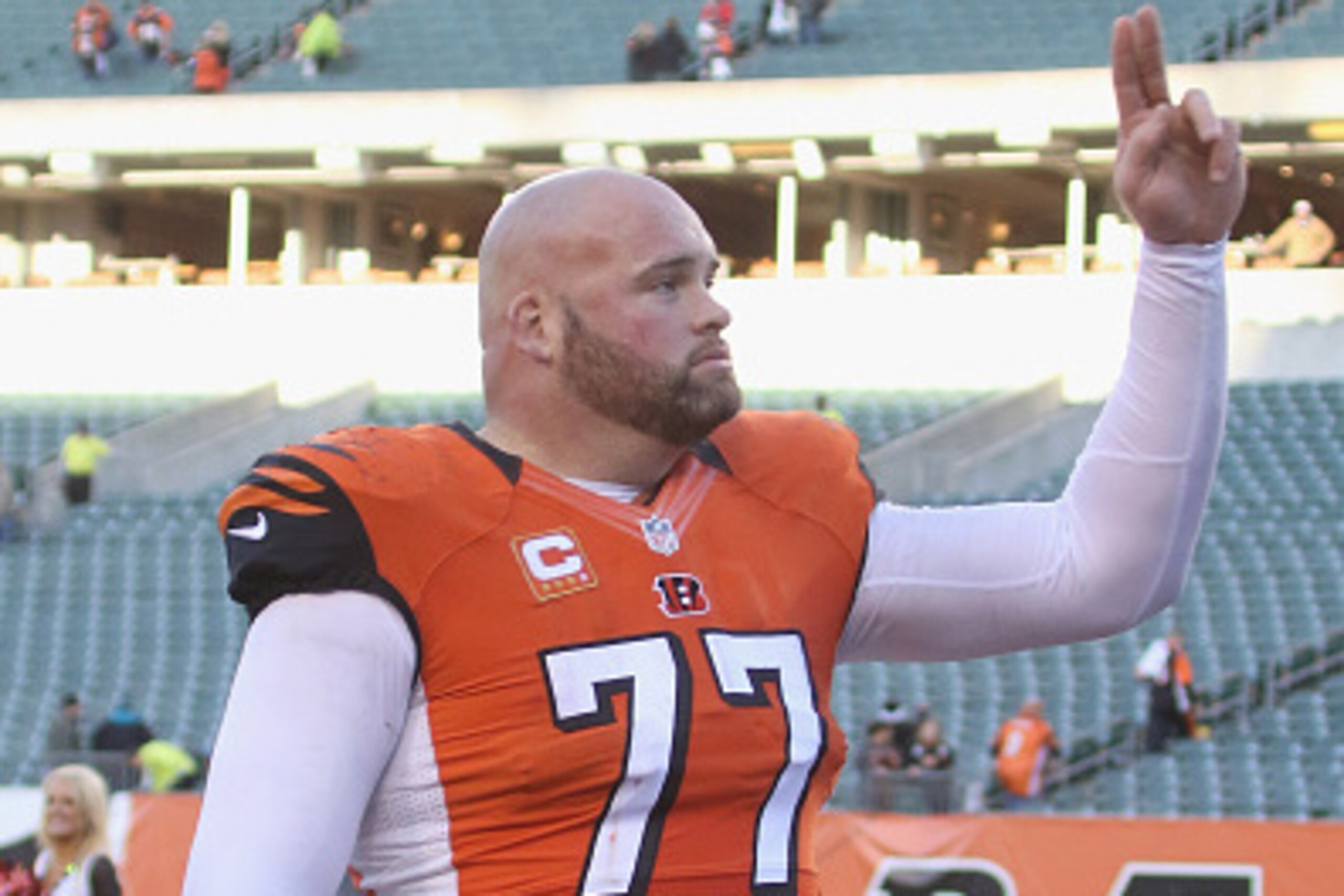 CINCINNATI, OH - NOVEMBER 02: Andrew Whitworth #77 of the Cincinnati Bengals celebrates a victory during the game against the Jacksonville Jaguars at Paul Brown Stadium on November 2, 2014 in Cincinnati, Ohio. The Bengals defeated the Jaguars 33-23. (Phot