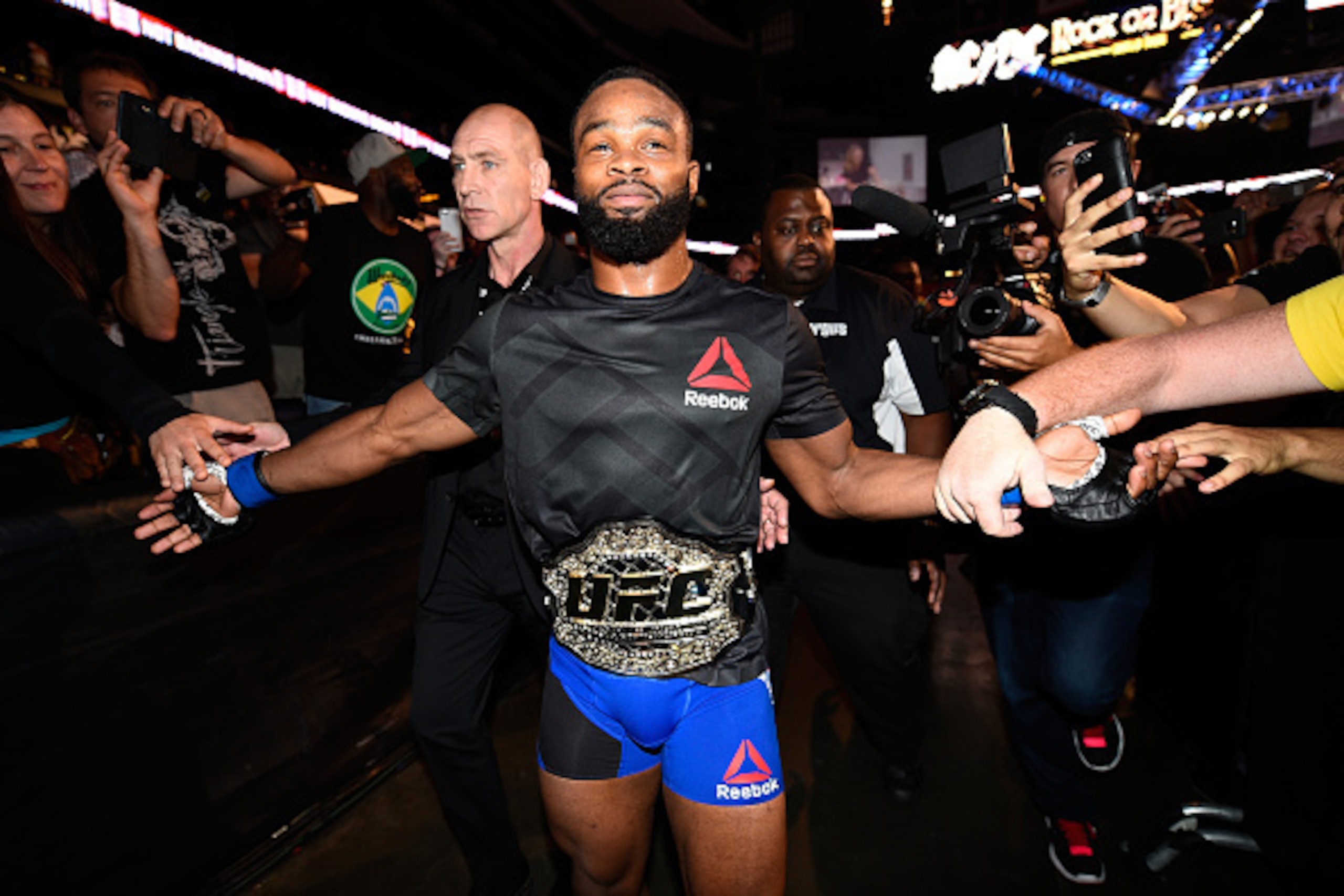 ATLANTA, GA - JULY 30:  Tyron Woodley celebrates his knockout victory over Robbie Lawler in their welterweight championship bout during the UFC 201 event on July 30, 2016 at Philips Arena in Atlanta, Georgia. (Photo by Jeff Bottari/Zuffa LLC/Zuffa LLC via