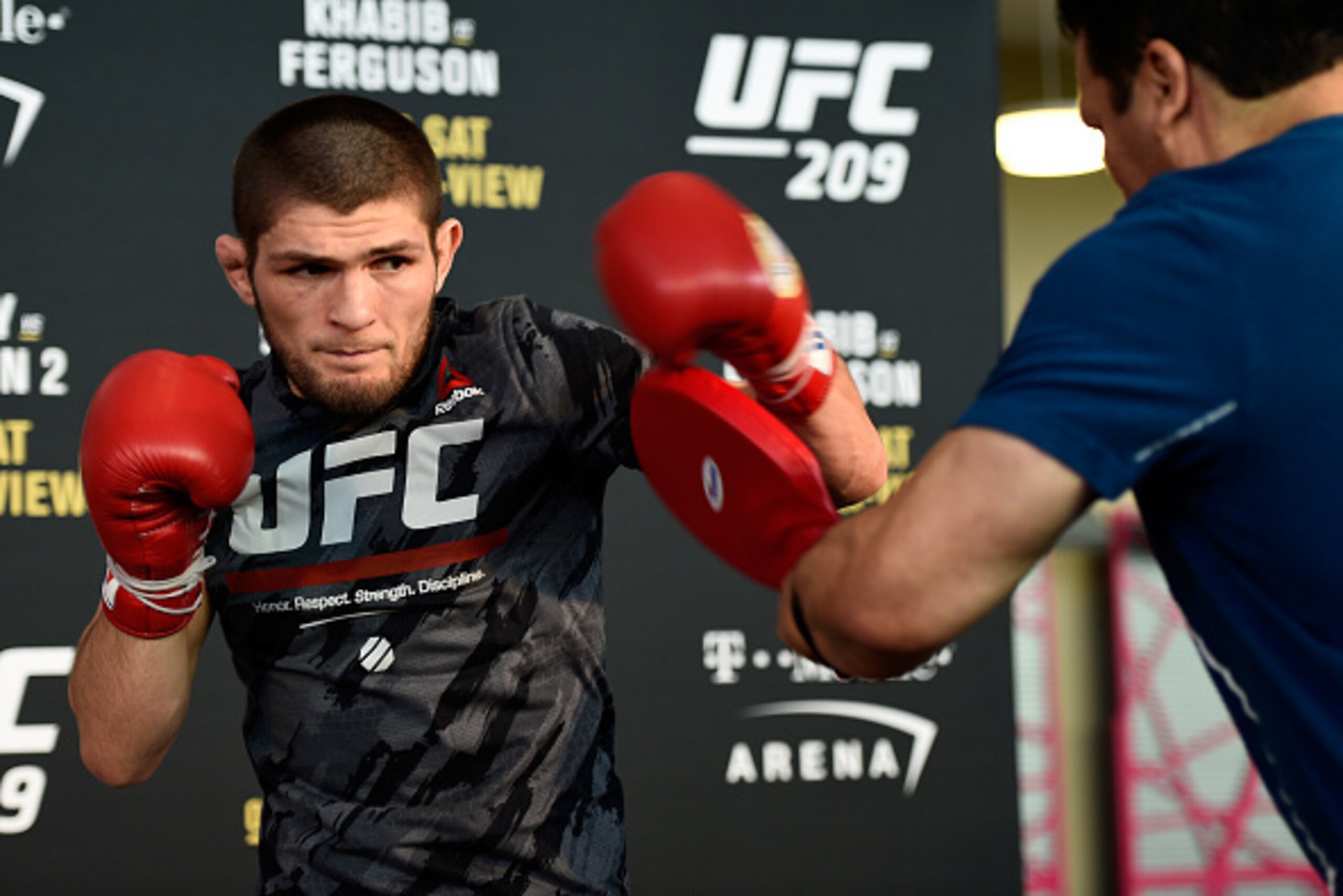 LAS VEGAS, NV - MARCH 01:  Khabib Nurmagomedov of Russia holds an open workout for fans and media inside T-Mobile Arena on March 1, 2017 in Las Vegas, Nevada. (Photo by Jeff Bottari/Zuffa LLC/Zuffa LLC via Getty Images)