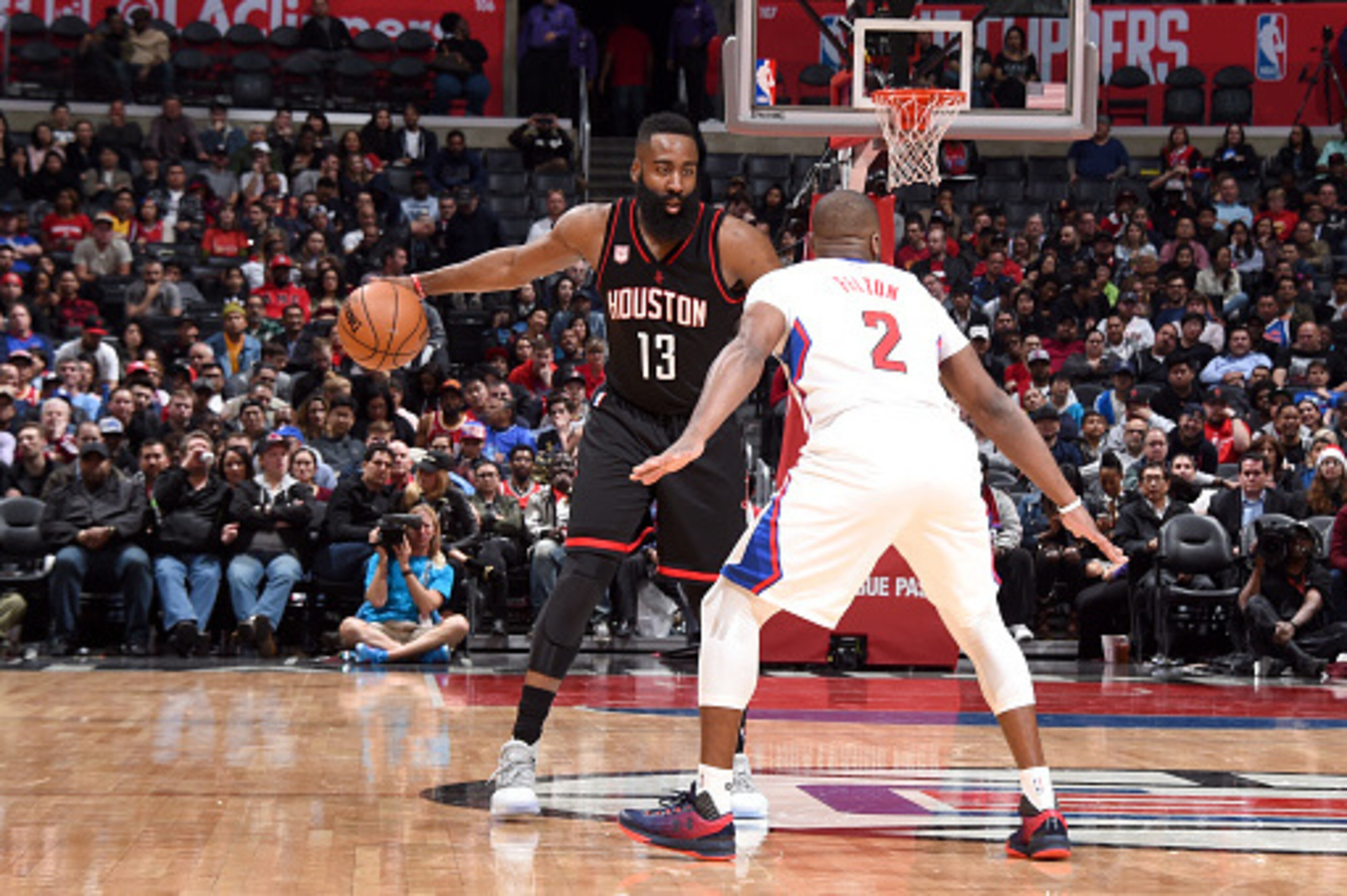 LOS ANGELES, CA - MARCH 1:  James Harden #13 of the Houston Rockets handles the ball against the Los Angeles Clippers on March 1, 2017 at STAPLES Center in Los Angeles, California. NOTE TO USER: User expressly acknowledges and agrees that, by downloading 