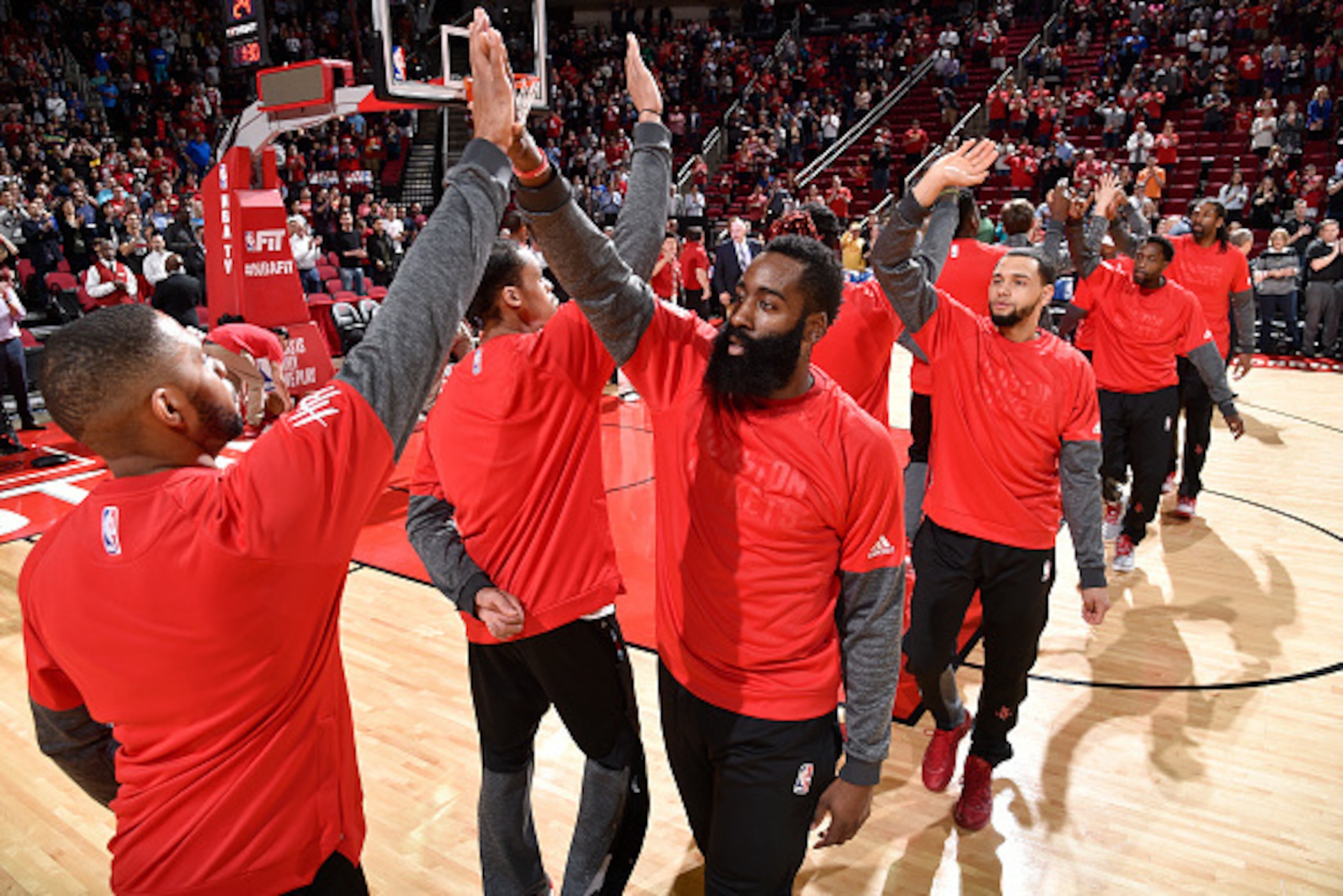 HOUSTON, TX - JANUARY 18:  James Harden #13 of the Houston Rockets shakes hands with his teammates before the game against the Milwaukee Bucks on January 18, 2017 at the Toyota Center in Houston, Texas. NOTE TO USER: User expressly acknowledges and agrees