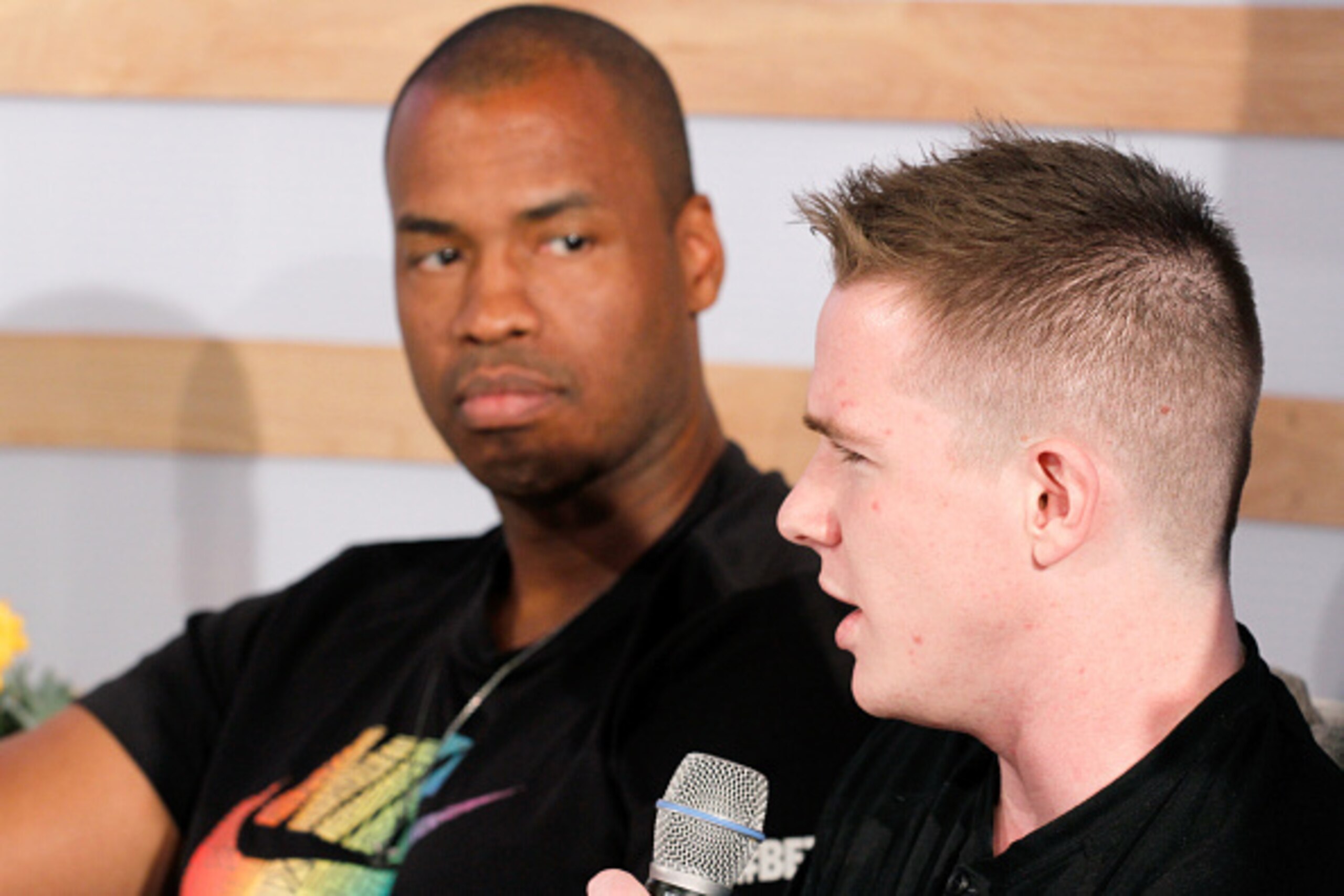 AUSTIN, TX - MARCH 14:  Professional basketball player Jason Collins (L) and professional soccer player Conner Mertens speak onstage at What's Trending Live in the Samsung Blogger Lounge during SXSW 2015 on March 14, 2015 in Austin, Texas.  (Photo by Rick