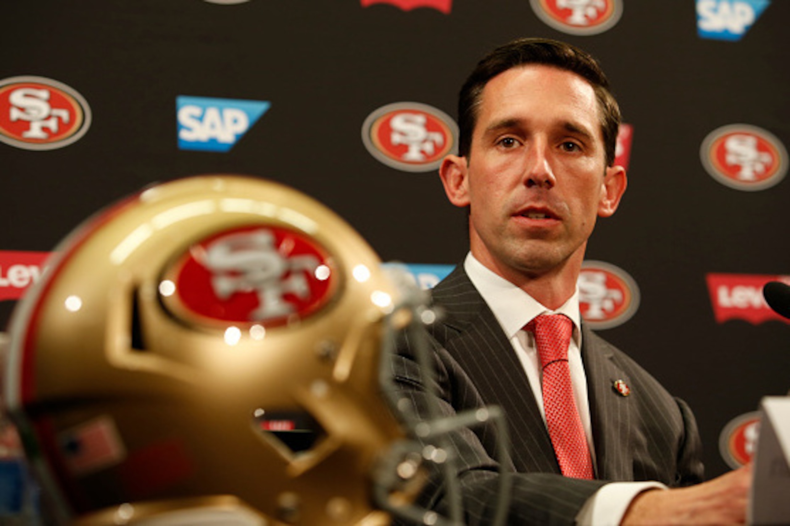 SANTA CLARA, CA - FEBRUARY 9: Head Coach Kyle Shanahan of the San Francisco 49ers addresses the media during a press conference at Levi Stadium on February 9, 2017 in Santa Clara, California. The 49ers press conference was setup to introducing the new gen