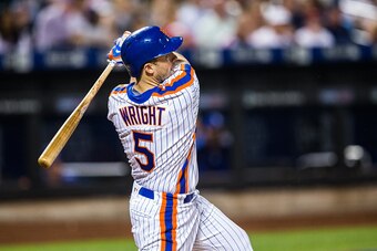 NEW YORK - MAY 27:  David Wright #5 of the New York Mets hits a home run in the fourth inning during the game against the Los Angeles Dodgers at Citi Field on May 27, 2016 in the Queens borough of New York City. (Photo by Rob Tringali/SportsChrome/Getty I