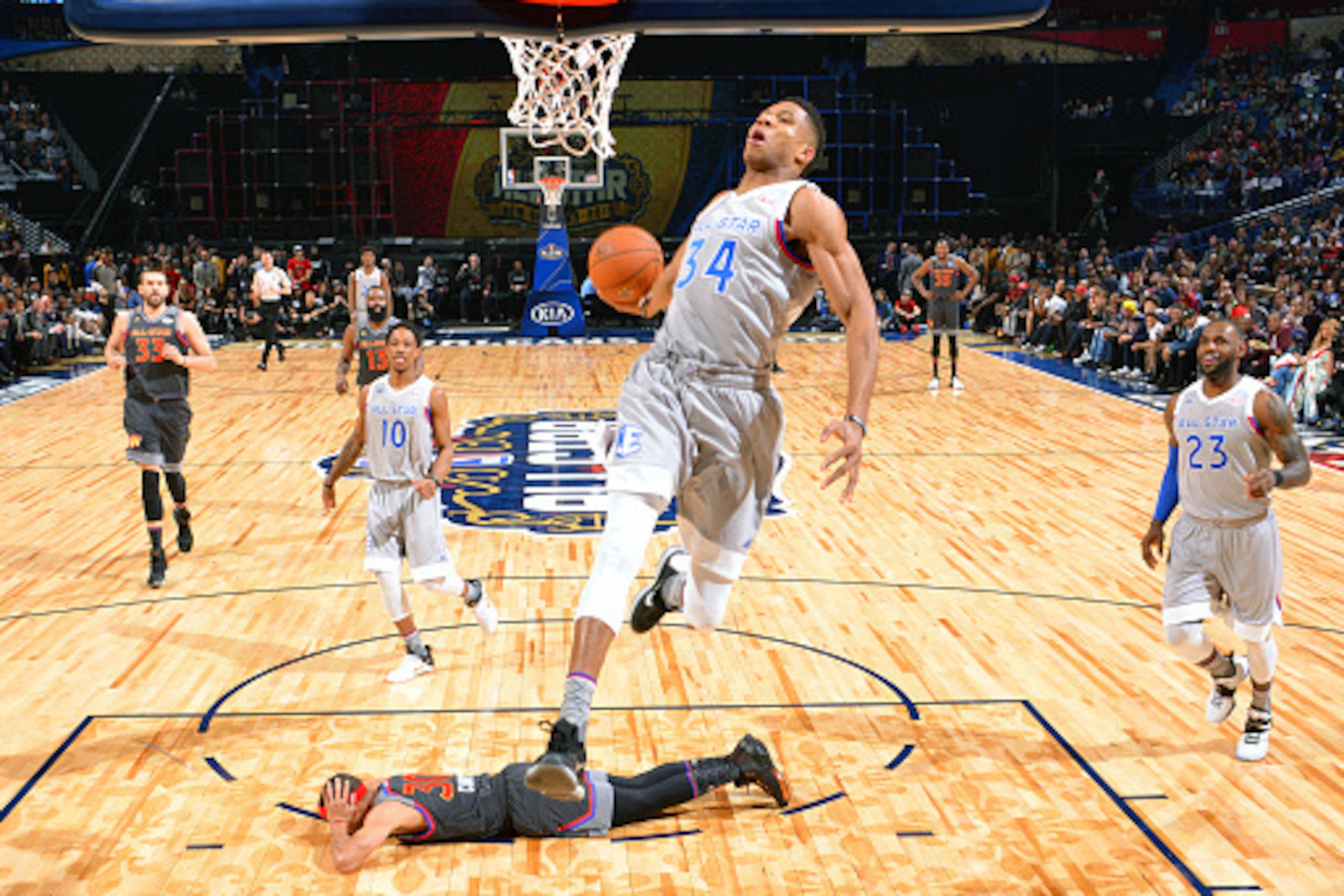 NEW ORLEANS, LA - FEBRUARY 19:  Giannis Antetokounmpo #34 of the Eastern Conference All-Star Team drives to the basket against the Western Conference All-Star Team during the NBA All-Star Game as part of the 2017 NBA All Star Weekend on February 19, 2017 