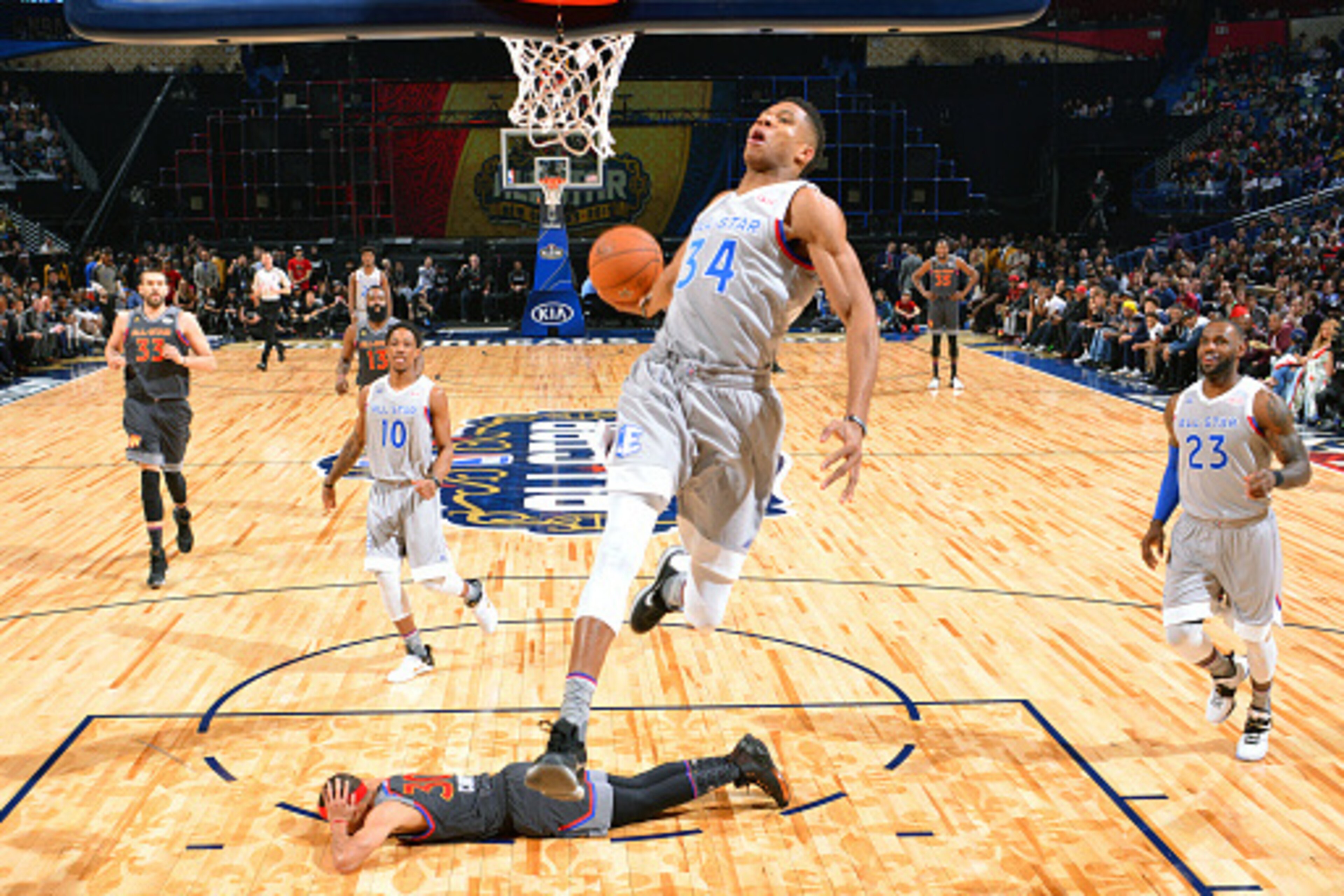 NEW ORLEANS, LA - FEBRUARY 19:  Giannis Antetokounmpo #34 of the Eastern Conference All-Star Team drives to the basket against the Western Conference All-Star Team during the NBA All-Star Game as part of the 2017 NBA All Star Weekend on February 19, 2017 