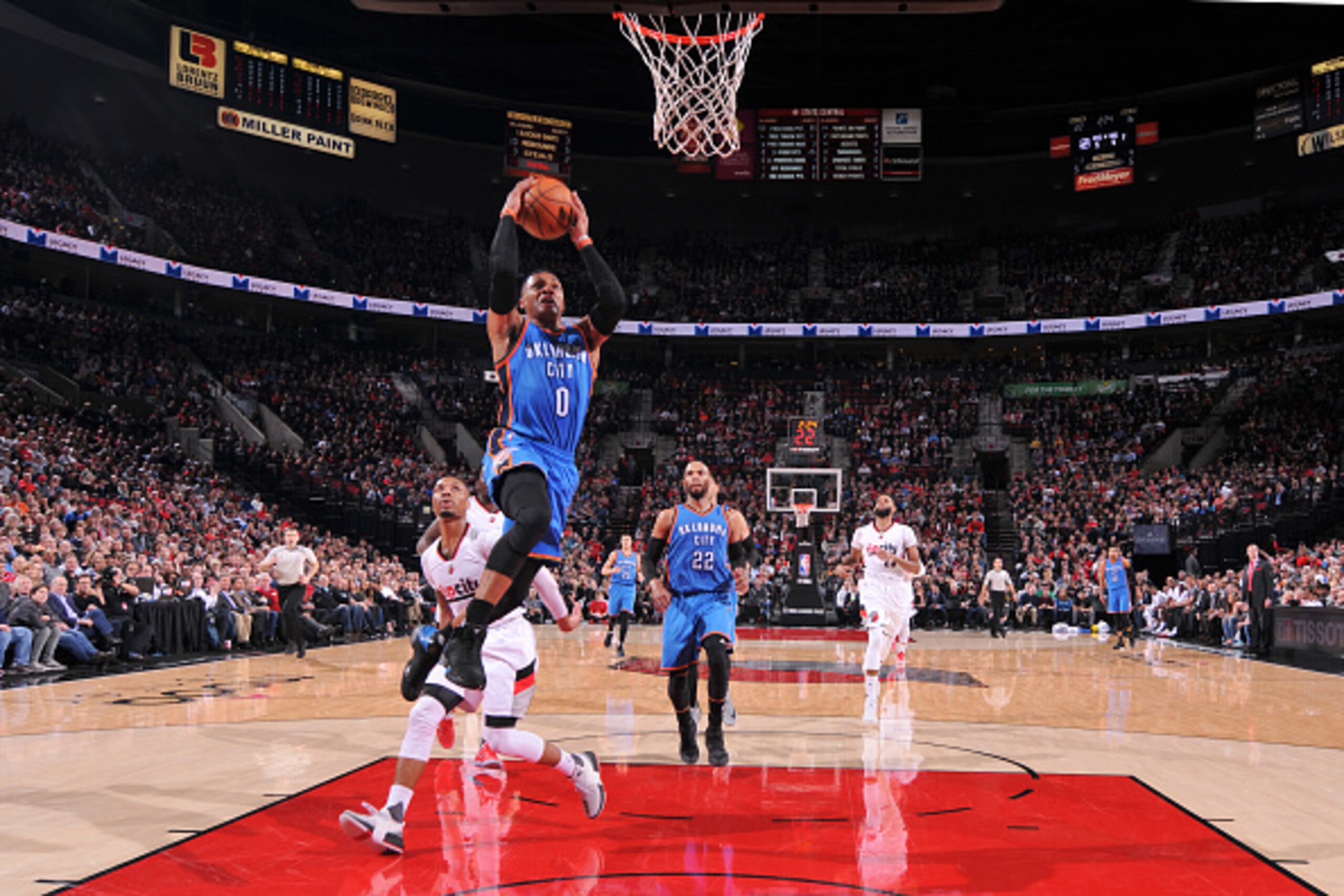 PORTLAND, OR - MARCH 2:  Russell Westbrook #0 of the Oklahoma City Thunder goes to the basket against the Portland Trail Blazers on March 1, 2017 at the Moda Center in Portland, Oregon. NOTE TO USER: User expressly acknowledges and agrees that, by downloa