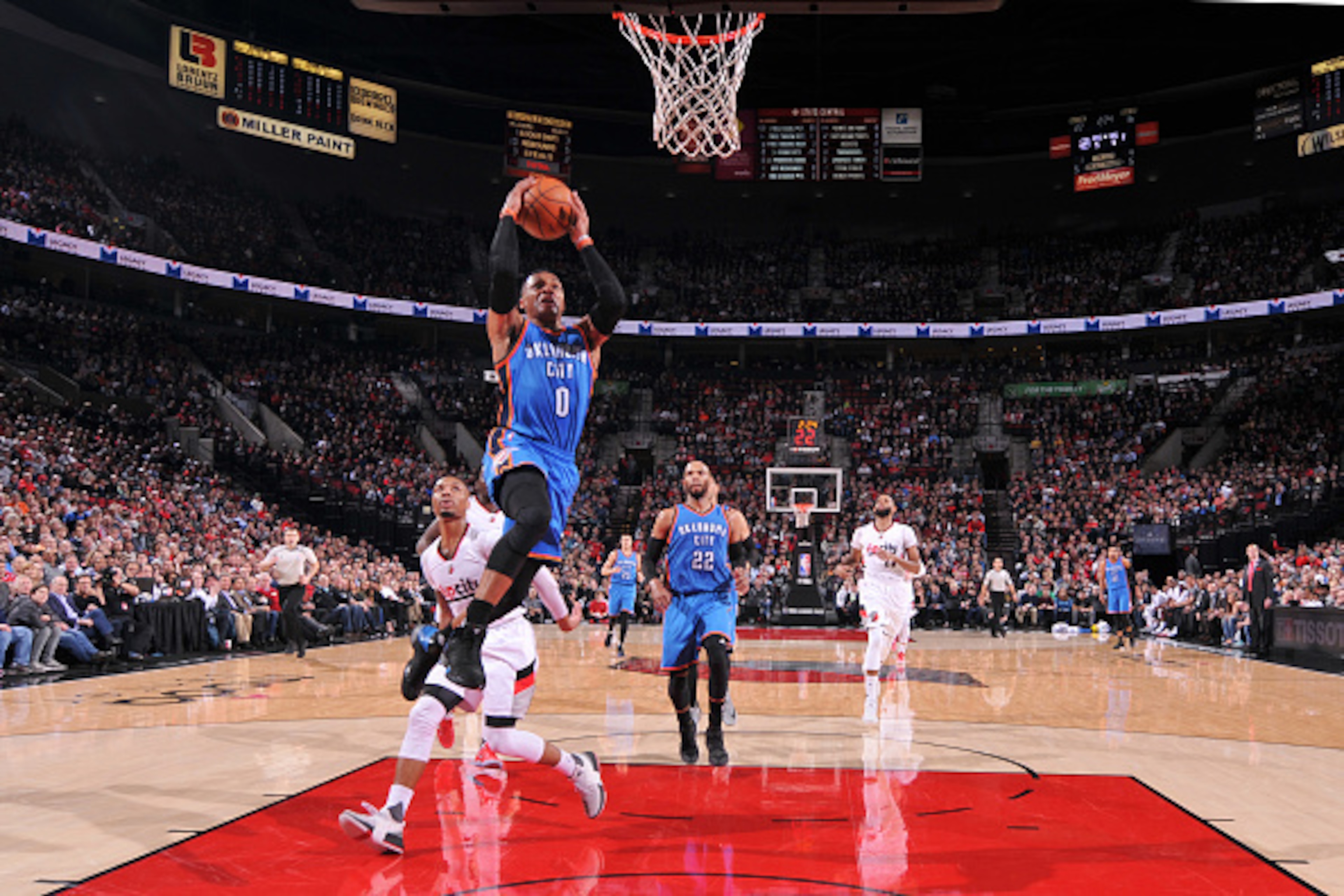 PORTLAND, OR - MARCH 2:  Russell Westbrook #0 of the Oklahoma City Thunder goes to the basket against the Portland Trail Blazers on March 1, 2017 at the Moda Center in Portland, Oregon. NOTE TO USER: User expressly acknowledges and agrees that, by downloa