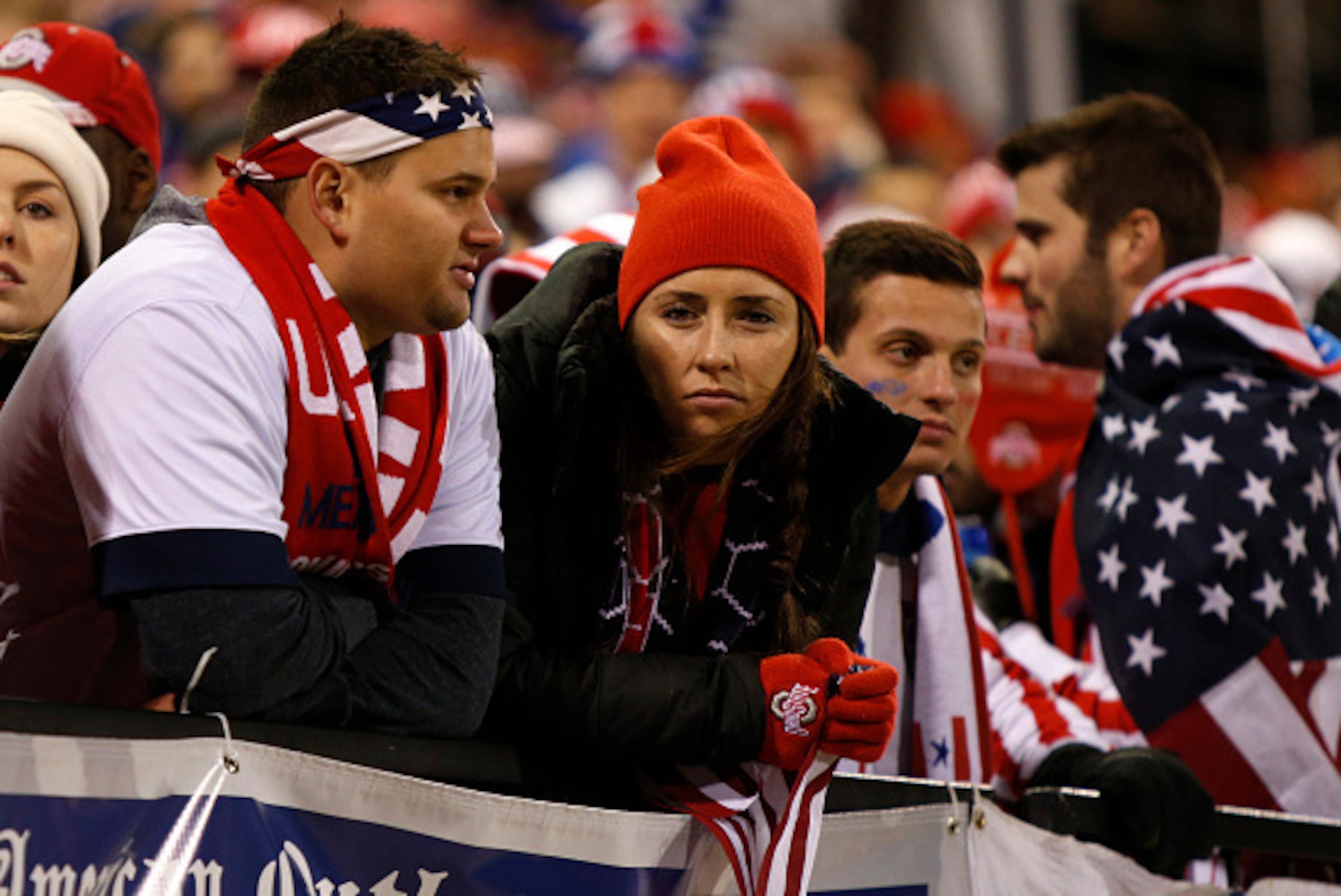 US men's national team fans are seen following the team 2-1 loss to the  Mexico men's national team during the 2018 FIFA World Cup qualifying match in Columbus, Ohio on November 11, 2016. / AFP / Paul Vernon        (Photo credit should read PAUL VERNON/AF