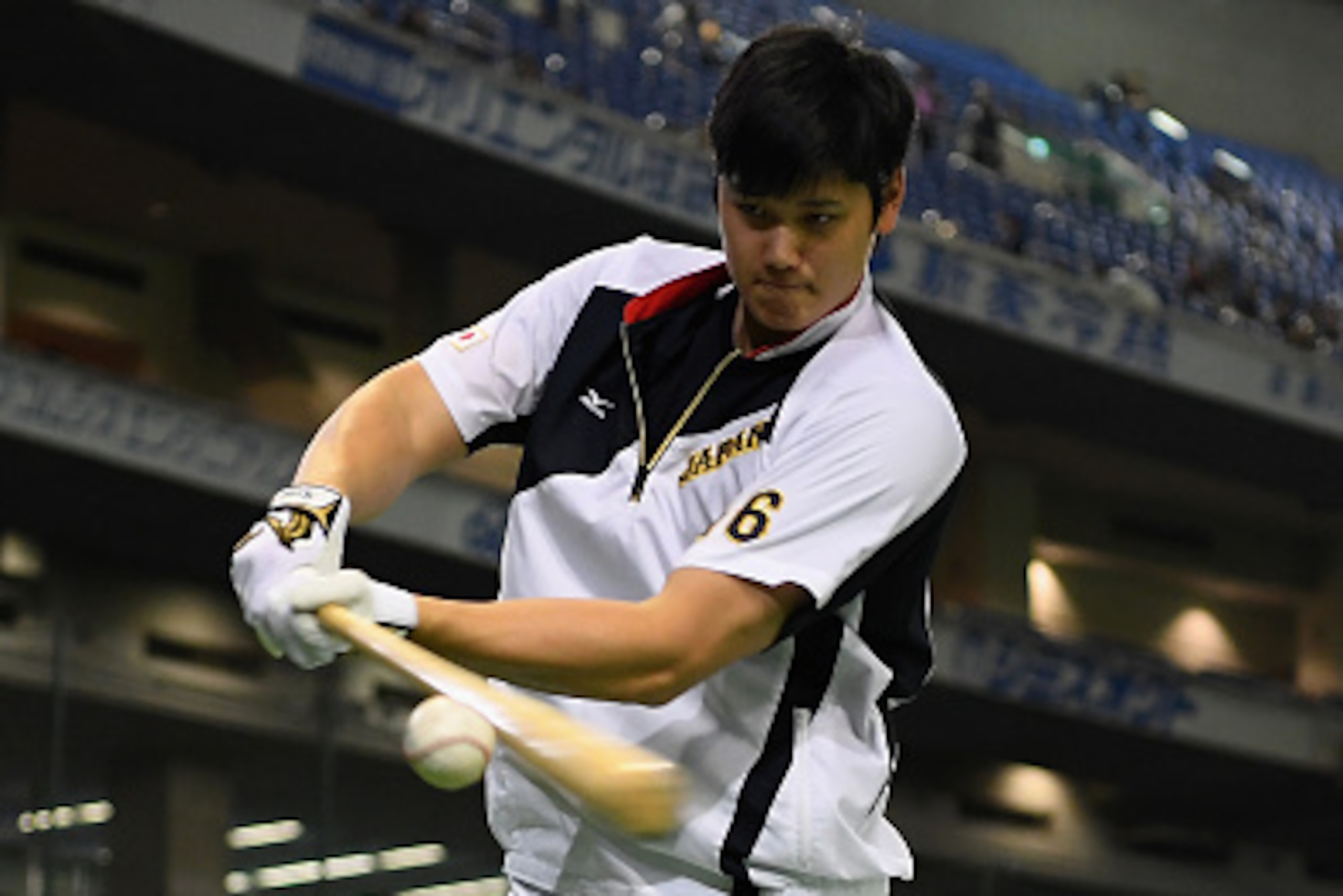 TOKYO, JAPAN - NOVEMBER 13:  Designated hitter Shohei Ohtani #16 of Japan warms up prior to the international friendly match between Netherlands and Japan at the Tokyo Dome on November 13, 2016 in Tokyo, Japan.  (Photo by Masterpress/Getty Images)