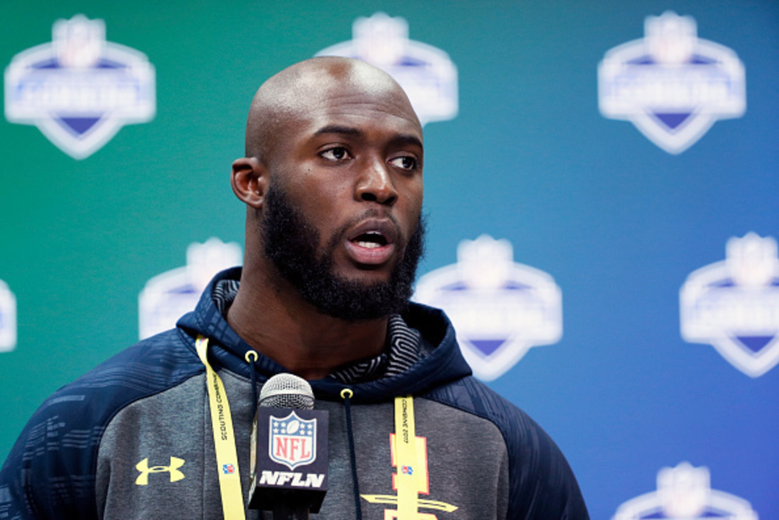 INDIANAPOLIS, IN - MARCH 02: Running back Leonard Fournette of LSU answers questions from the media on Day 2 of the NFL Combine at the Indiana Convention Center on March 2, 2017 in Indianapolis, Indiana. (Photo by Joe Robbins/Getty Images)