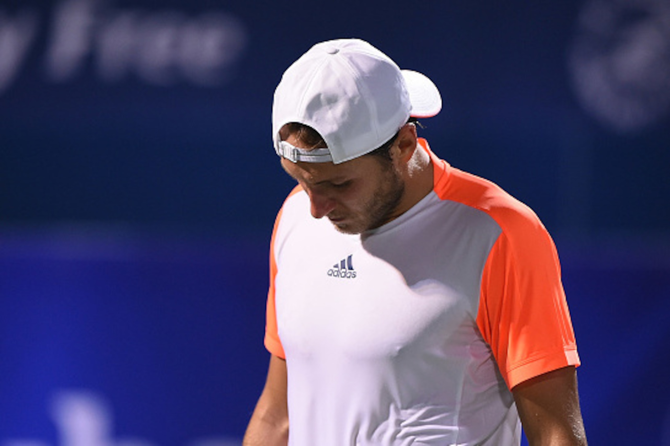 DUBAI, UNITED ARAB EMIRATES - MARCH 03:  Lucas Pouille of France looks dejected during his semi final match against Andy Murray of Great Britain on day six of the ATP Dubai Duty Free Tennis Championship on March 3, 2017 in Dubai, United Arab Emirates.  (P