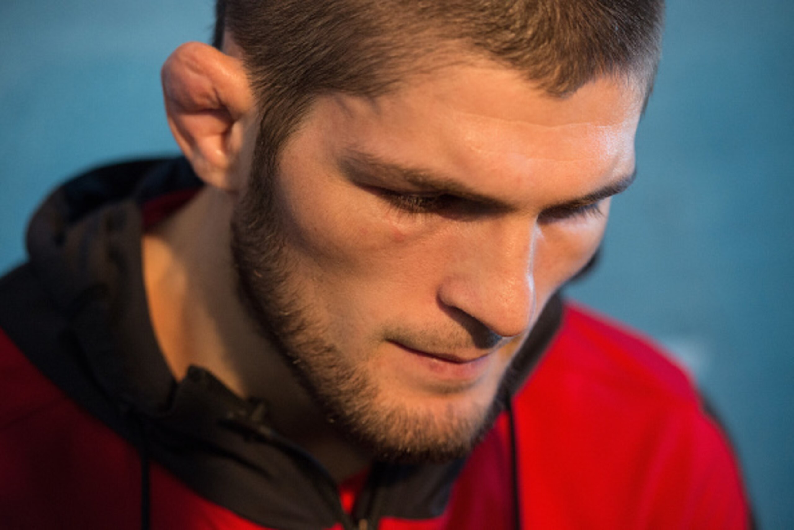 LAS VEGAS, NV - MARCH 02:  Khabib Nurmagomedov of Russia speaks to the media during the UFC 209 Ultimate Media Day inside TMobile Arena on March 2, 2017 in Las Vegas, Nevada. (Photo by Brandon Magnus/Zuffa LLC/Zuffa LLC via Getty Images)