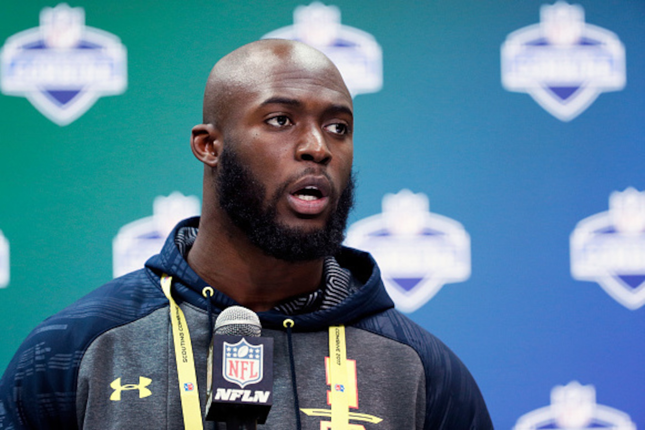 INDIANAPOLIS, IN - MARCH 02: Running back Leonard Fournette of LSU answers questions from the media on Day 2 of the NFL Combine at the Indiana Convention Center on March 2, 2017 in Indianapolis, Indiana. (Photo by Joe Robbins/Getty Images)