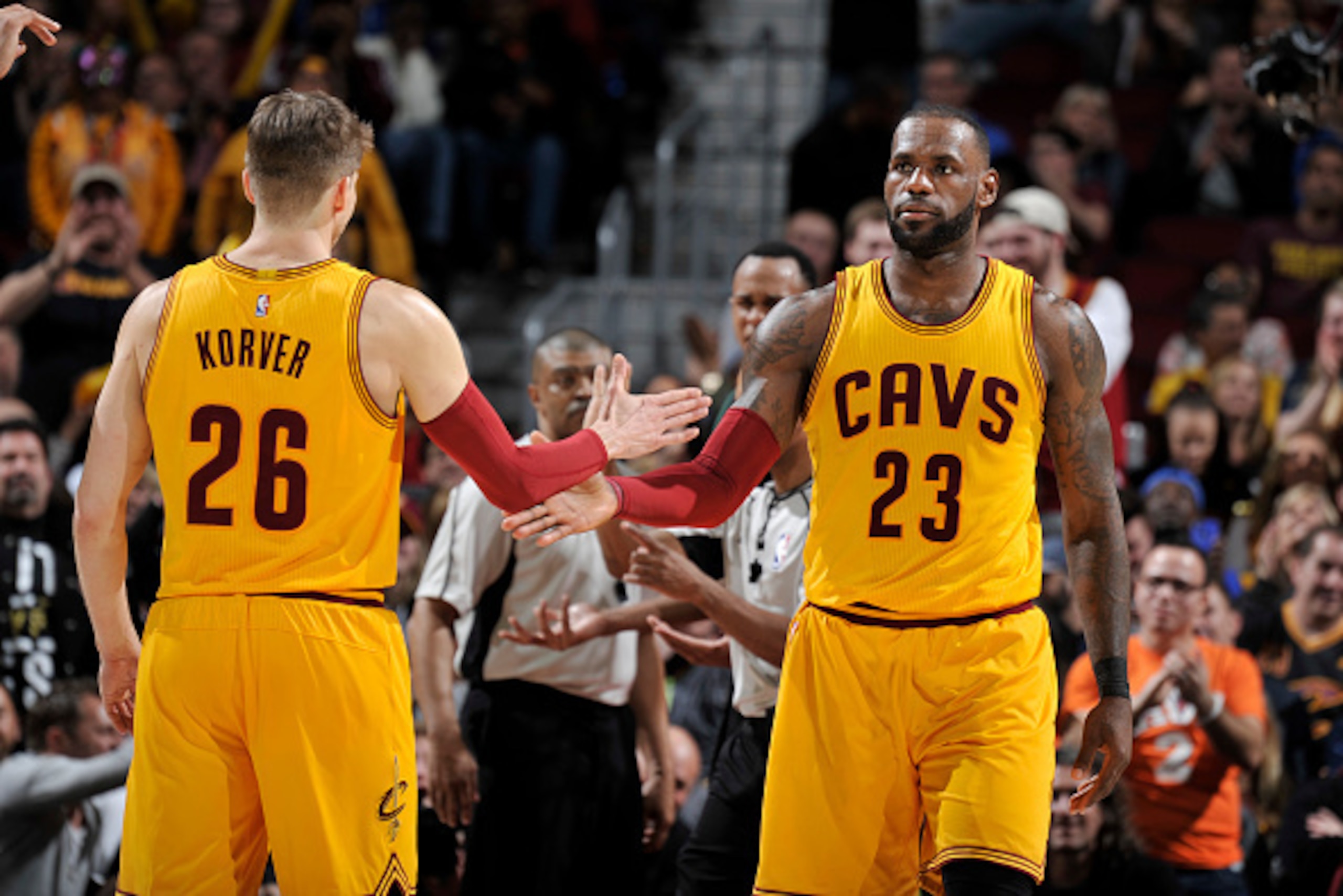 CLEVELAND, OH - FEBRUARY 27:  LeBron James #23 and Kyle Korver #26 of the Cleveland Cavaliers high-five during a game against the Milwaukee Bucks on February 27, 2017 at Quicken Loans Arena in Cleveland, Ohio. NOTE TO USER: User expressly acknowledges and