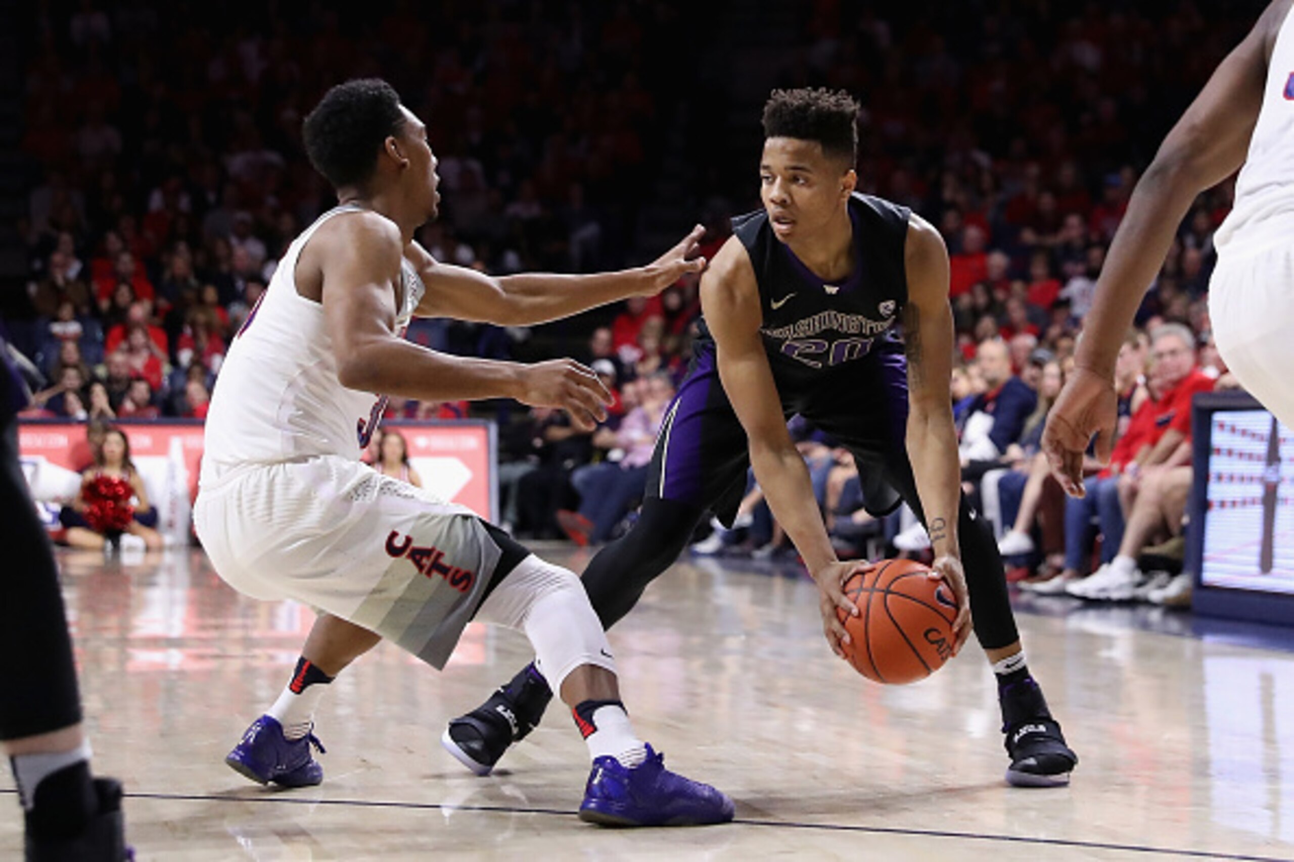 TUCSON, AZ - JANUARY 29:  Markelle Fultz #20 of the Washington Huskies handles the ball during the second half of the college basketball game against the Arizona Wildcats at McKale Center on January 29, 2017 in Tucson, Arizona. The Wildcats defeated the H
