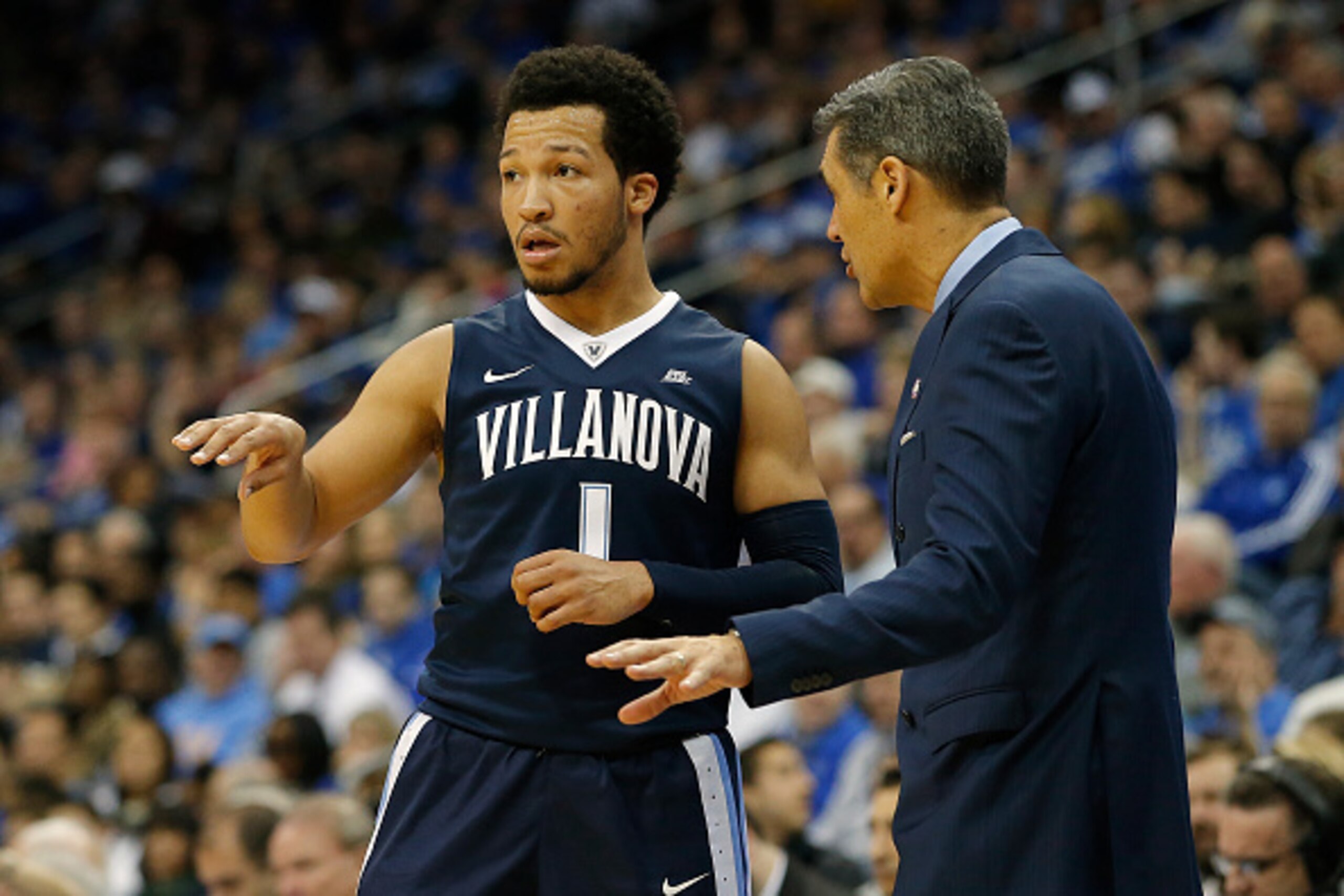 NEWARK, NJ - FEBRUARY 18: Head coach Jay Wright of the Villanova Wildcats talks with Jalen Brunson #1 during the second half against the Seton Hall Pirates during an NCAA college basketball game at Prudential Center on February 18, 2017 in Newark, New Jer