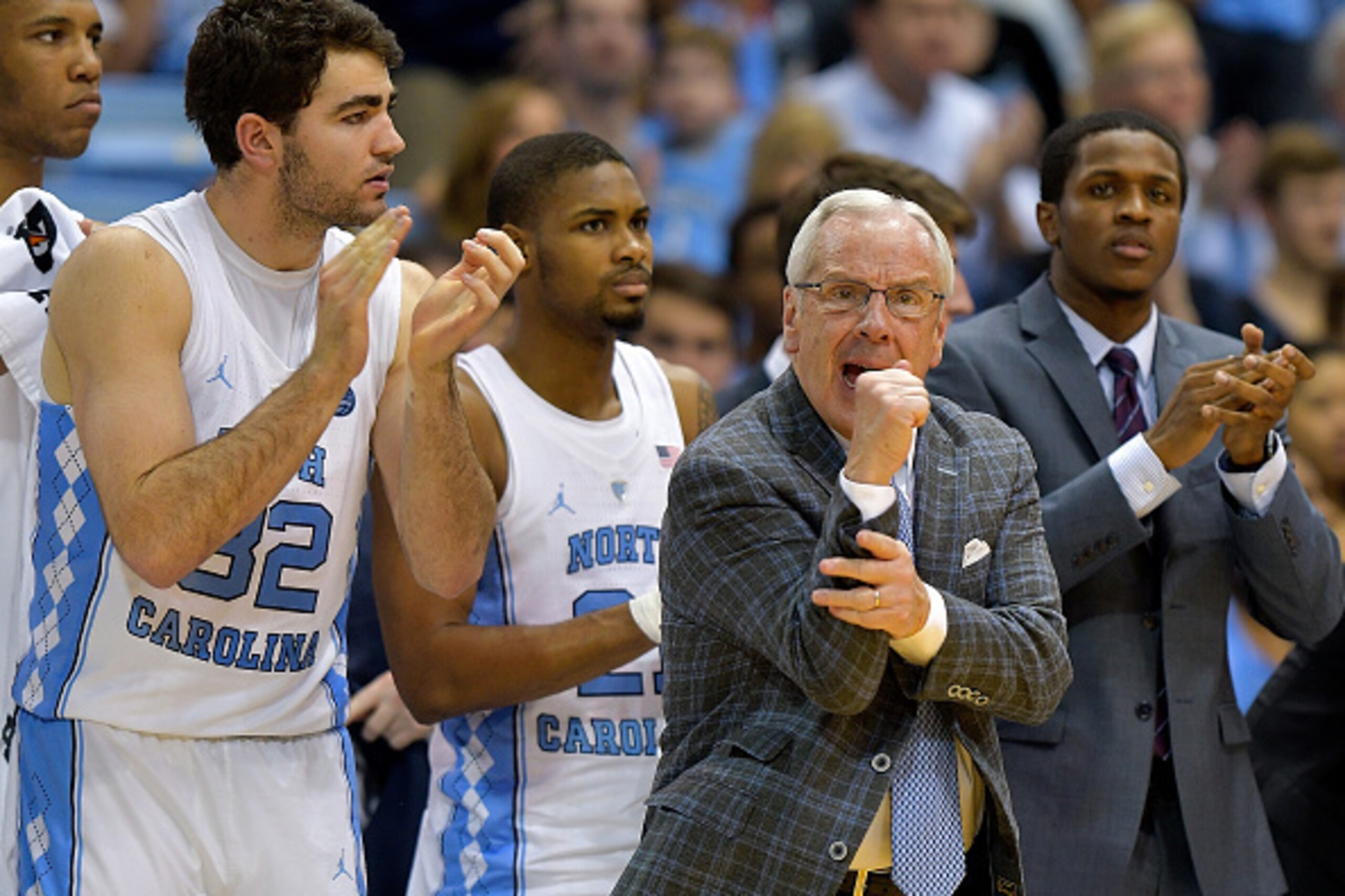 CHAPEL HILL, NC - FEBRUARY 18:  Head coach Roy Williams of the North Carolina Tar Heels lobbies the officials for a foul against the Virginia Cavaliers during the game at the Dean Smith Center on February 18, 2017 in Chapel Hill, North Carolina. North Car