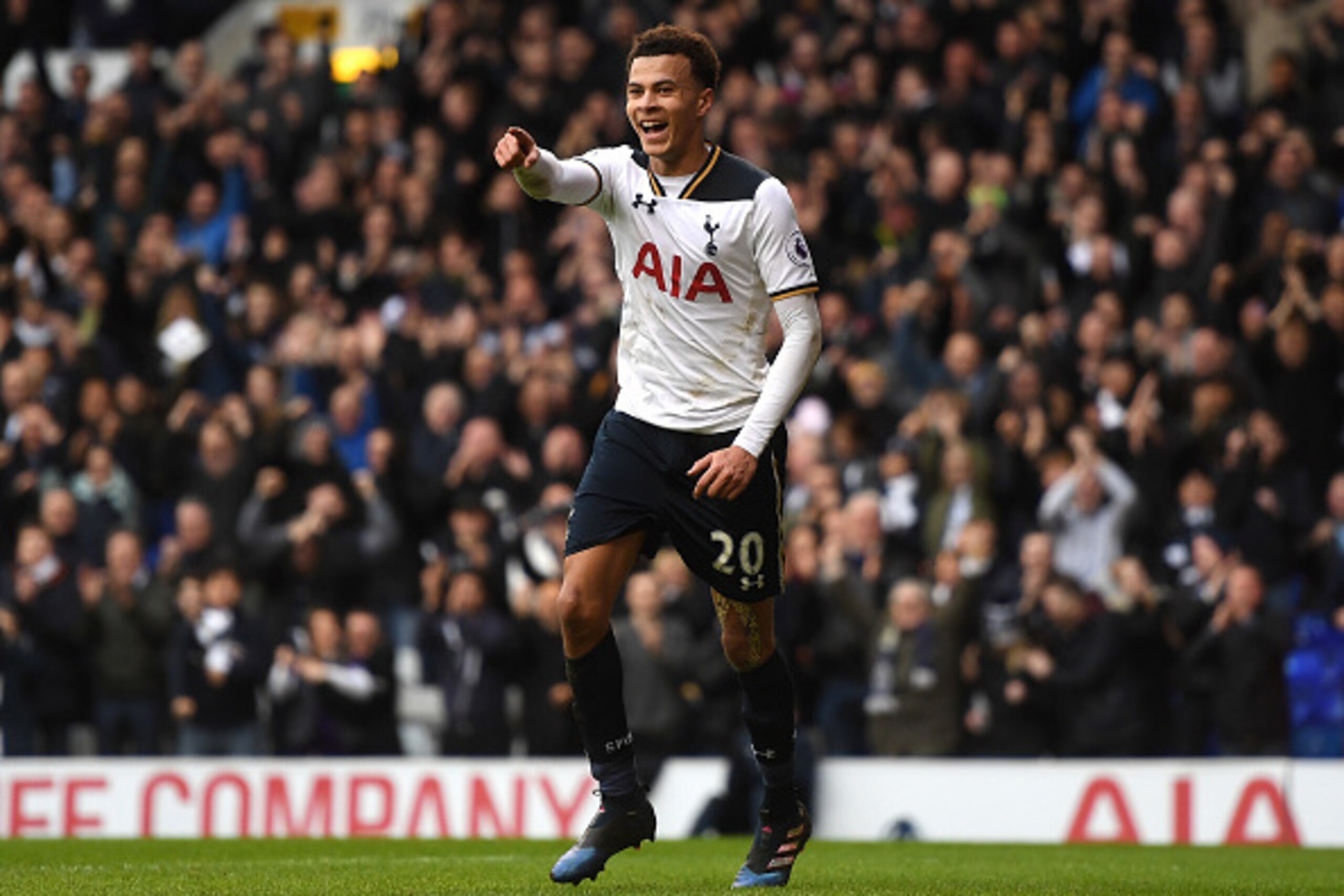 LONDON, ENGLAND - FEBRUARY 26: Dele Alli of Tottenham Hotspur celebrates scoring his teams fourth goal during the Premier League match between Tottenham Hotspur and Stoke City at White Hart Lane on February 26, 2017 in London, England.  (Photo by Michael 