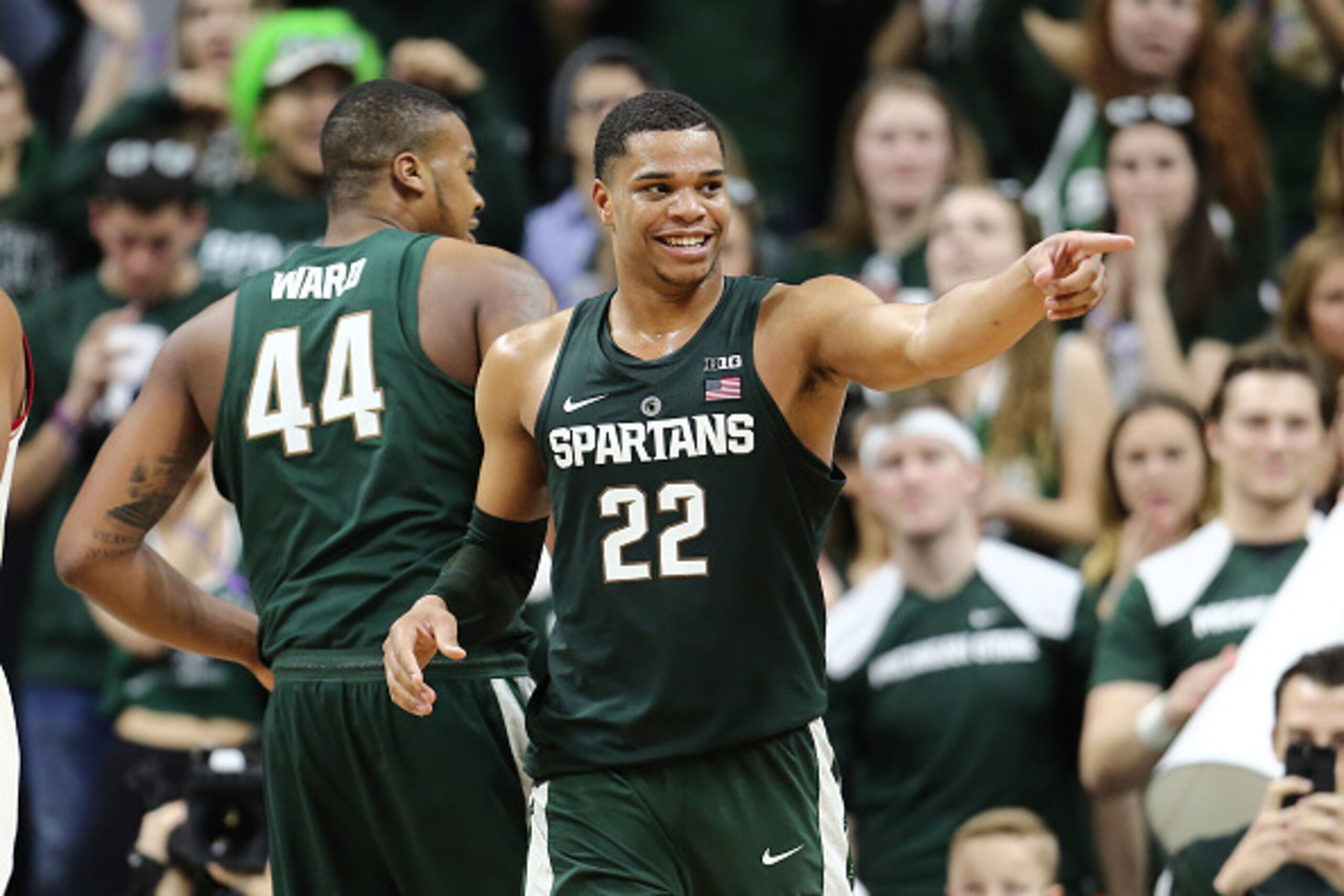 EAST LANSING, MI - FEBRUARY 23: Miles Bridges #22 of the Michigan State Spartans celebrates his basket during the game against the Nebraska Cornhuskers in the second half at the Breslin Center on February 23, 2017 in East Lansing, Michigan. (Photo by Rey 