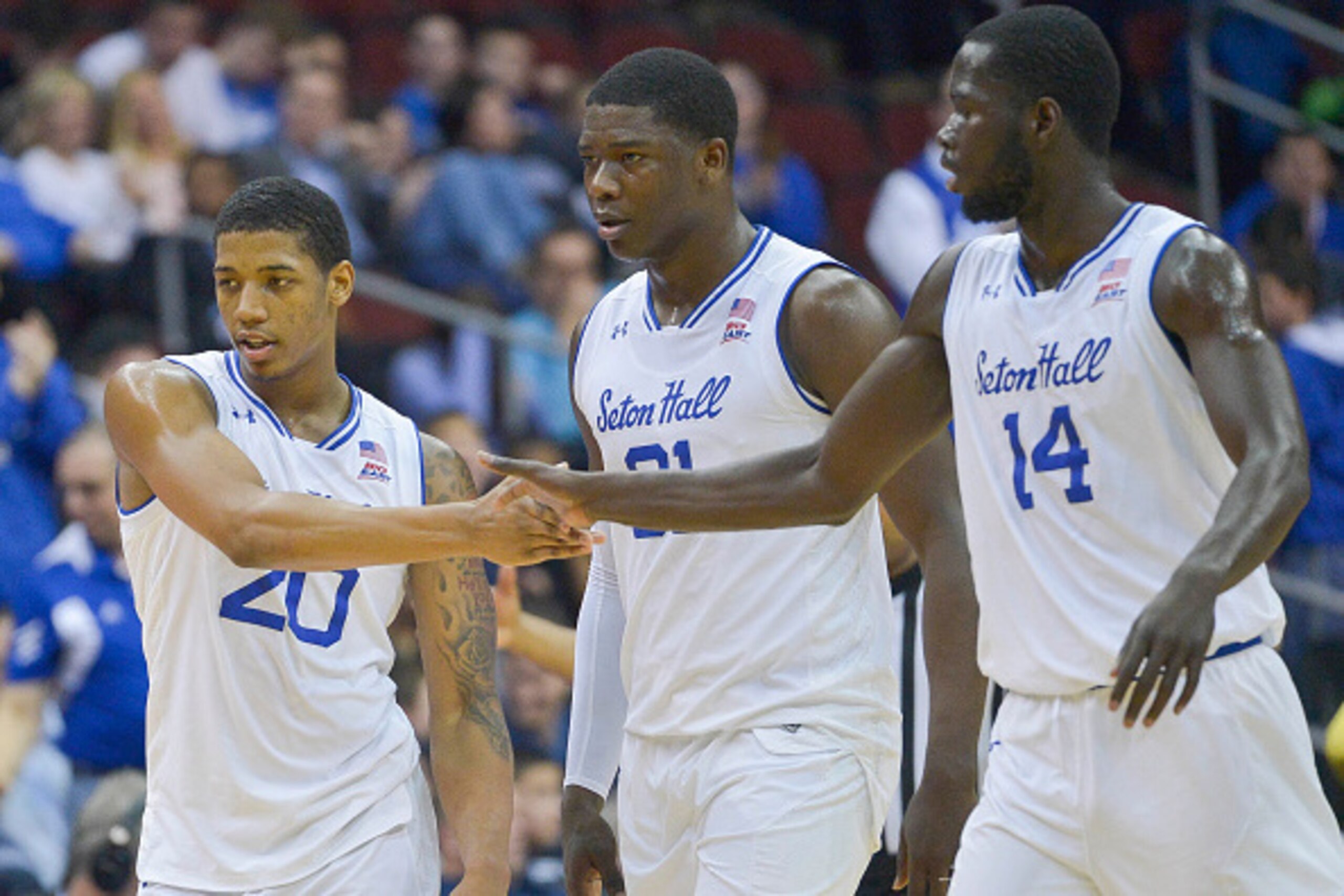 NEWARK, NJ - FEBRUARY 22:  Desi Rodriguez #20, Angel Delgado #31, and Ismael Sanogo #14 of the Seton Hall Pirates during the game against the Xavier Musketeers at the Prudential Center on February 22, 2017 in Newark, New Jersey. (Photo by Porter Binks/Get