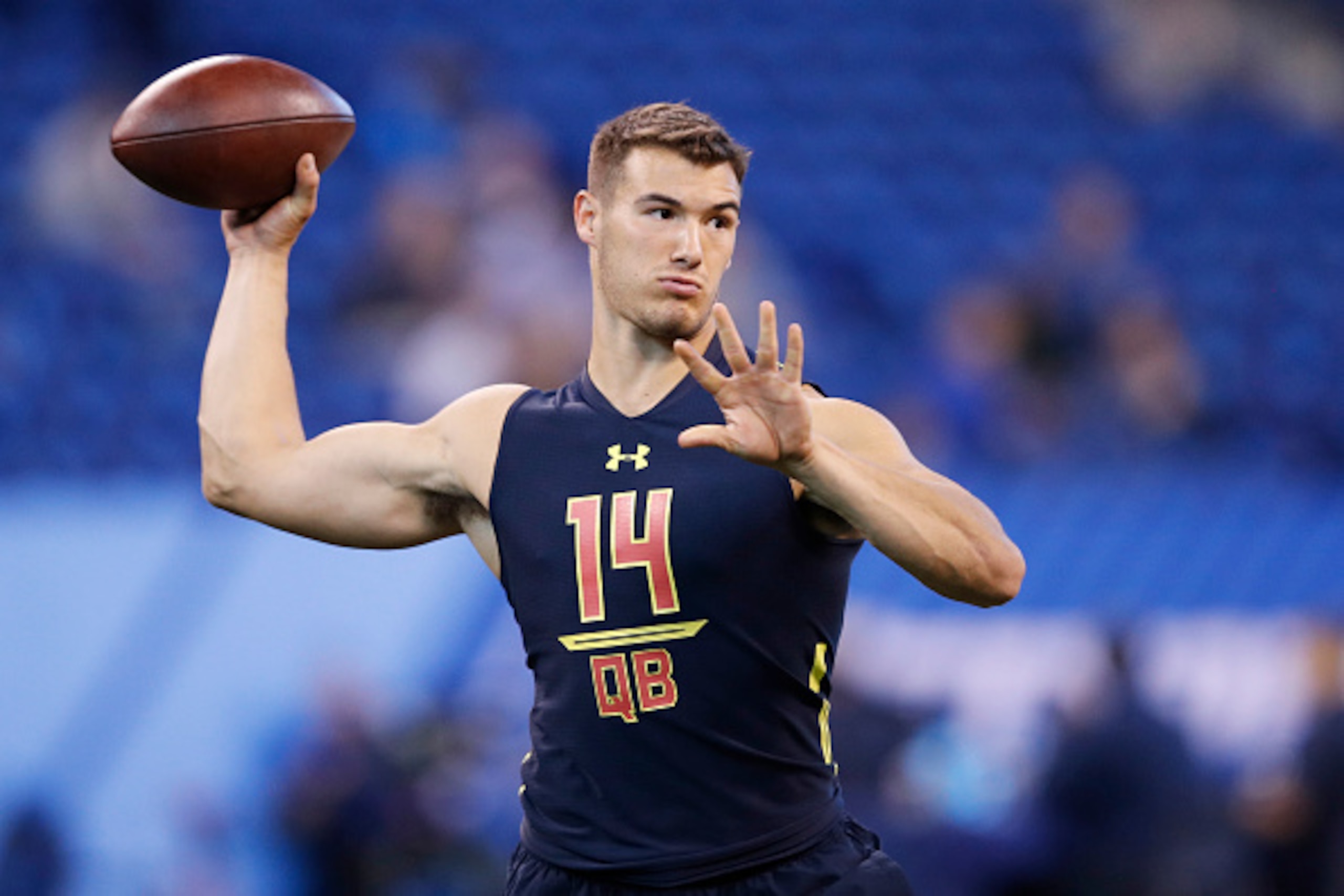 INDIANAPOLIS, IN - MARCH 04: Quarterback Mitch Trubisky of North Carolina throws during a passing drill on day four of the NFL Combine at Lucas Oil Stadium on March 4, 2017 in Indianapolis, Indiana. (Photo by Joe Robbins/Getty Images) INDIANAPOLIS, IN - MARCH 04: Quarterback Mitch Trubisky of North Carolina throws during a passing drill on day four of the NFL Combine at Lucas Oil Stadium on March 4, 2017 in Indianapolis, Indiana. (Photo by Joe Robbins/Getty Images)