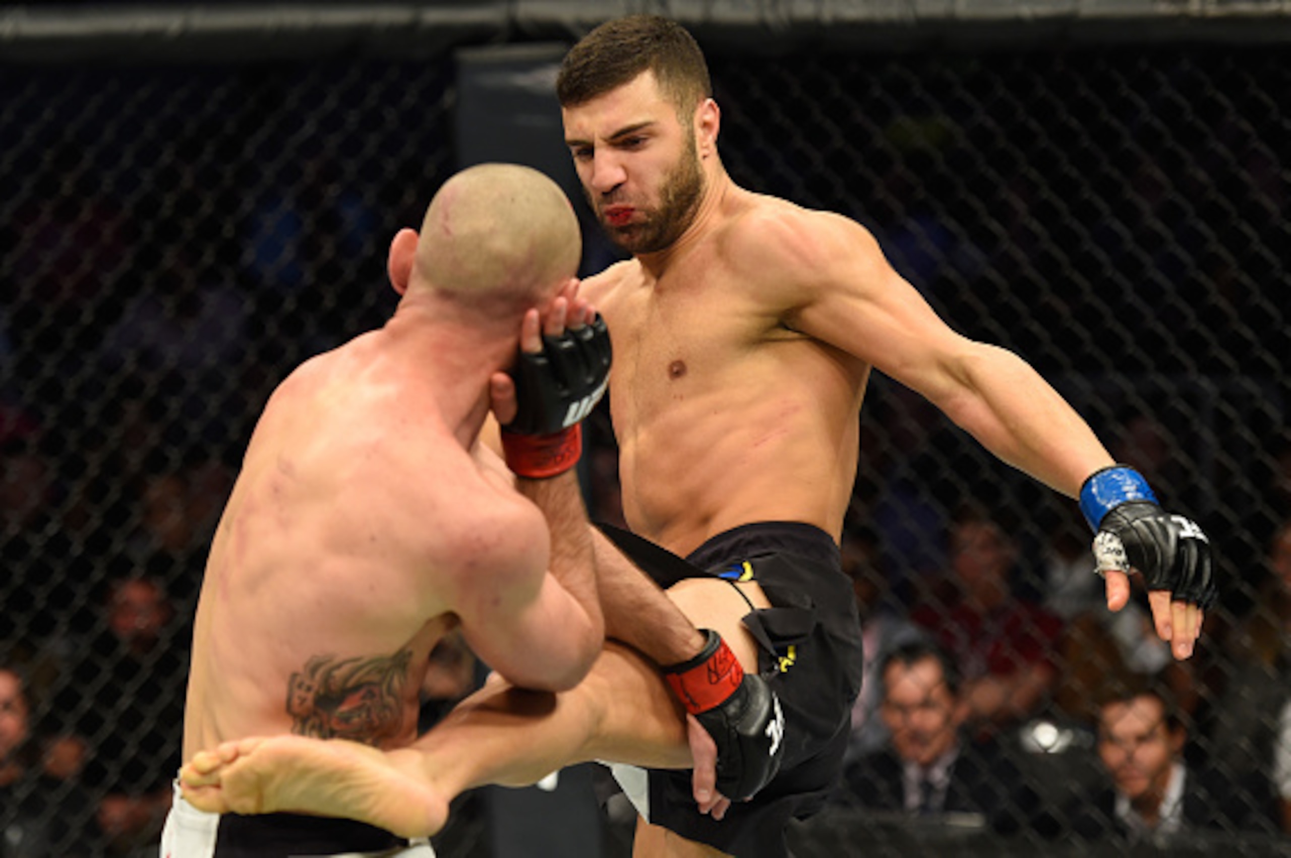 LAS VEGAS, NV - MARCH 04: (R-L) David Teymur of Sweden kicks Lando Vannata in their lightweight bout during the UFC 209 event at T-Mobile Arena on March 4, 2017 in Las Vegas, Nevada.  (Photo by Josh Hedges/Zuffa LLC/Zuffa LLC via Getty Images)