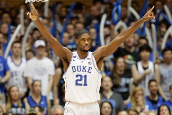 DURHAM, NC - FEBRUARY 28:  Amile Jefferson #21 of the Duke Blue Devils reacts after a play during their game against the Florida State Seminoles at Cameron Indoor Stadium on February 28, 2017 in Durham, North Carolina.  (Photo by Streeter Lecka/Getty Imag