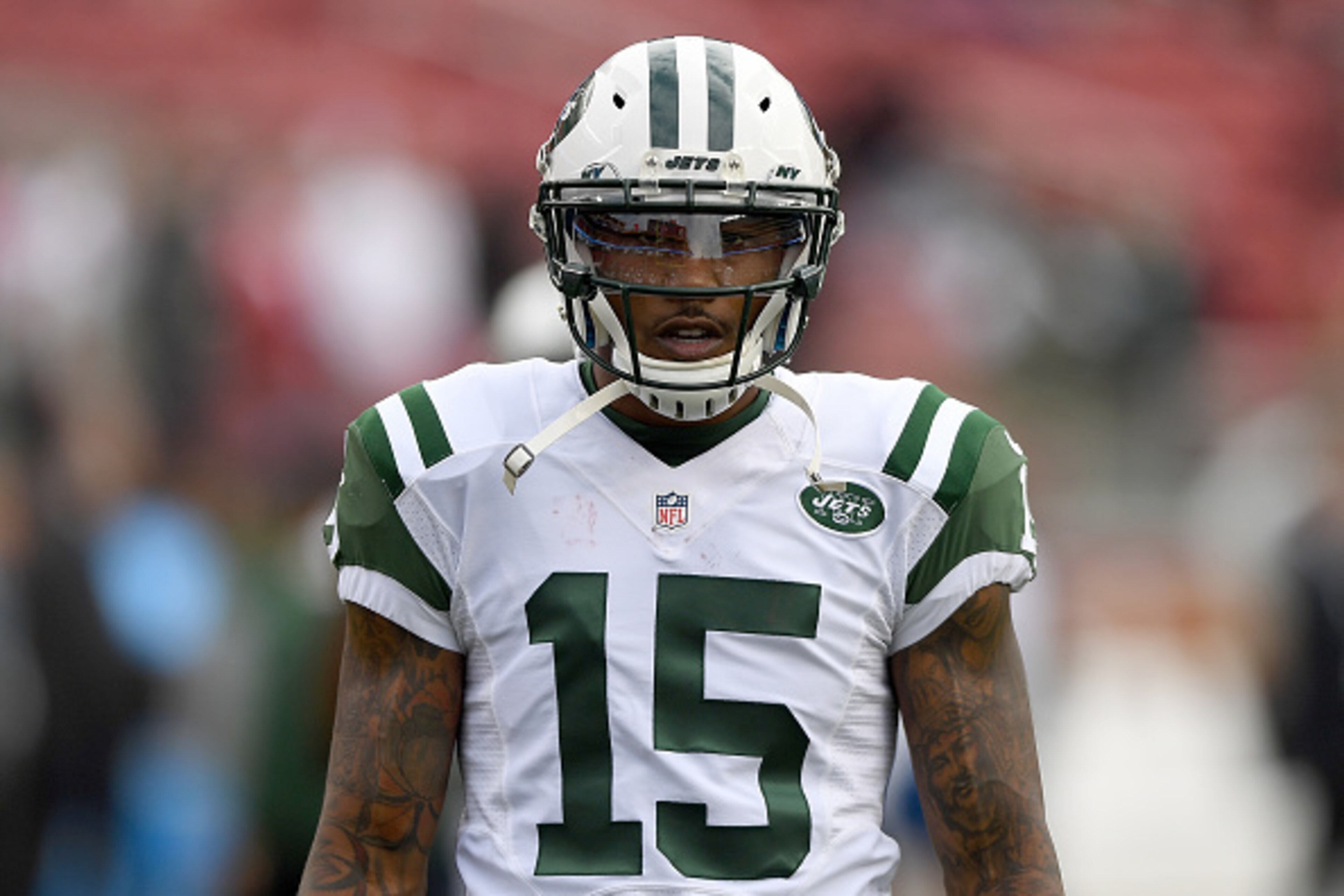 SANTA CLARA, CA - DECEMBER 11:  Brandon Marshall #15 of the New York Jets looks on during pregame warm ups prior to playing the San Francisco 49ers in an NFL football game at Levi's Stadium on December 11, 2016 in Santa Clara, California.  (Photo by Thear