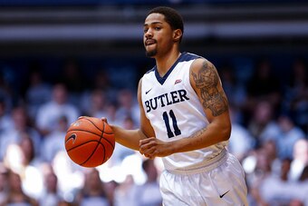 INDIANAPOLIS, IN - FEBRUARY 19: Kethan Savage #11 of the Butler Bulldogs brings the ball up court during the game against the DePaul Blue Demons at Hinkle Fieldhouse on February 19, 2017 in Indianapolis, Indiana. (Photo by Michael Hickey/Getty Images)