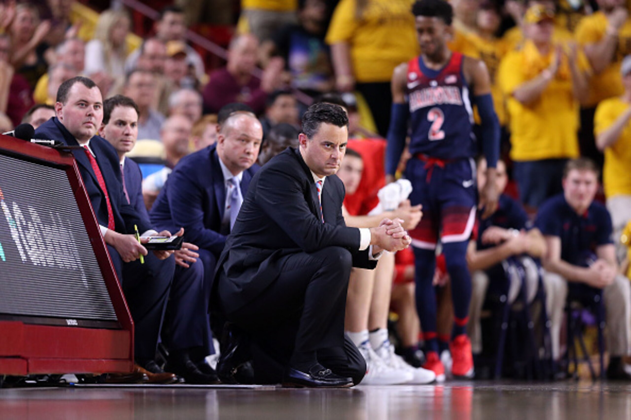 TEMPE, AZ - MARCH 4: Head coach Sean Miller of the Arizona Wildcats watches the action during the second half of the college basketball game against the Arizona State Sun Devils at Wells Fargo Arena on March 4, 2017 in Tempe, Arizona. The Wildcats beat th TEMPE, AZ - MARCH 4: Head coach Sean Miller of the Arizona Wildcats watches the action during the second half of the college basketball game against the Arizona State Sun Devils at Wells Fargo Arena on March 4, 2017 in Tempe, Arizona. The Wildcats beat th