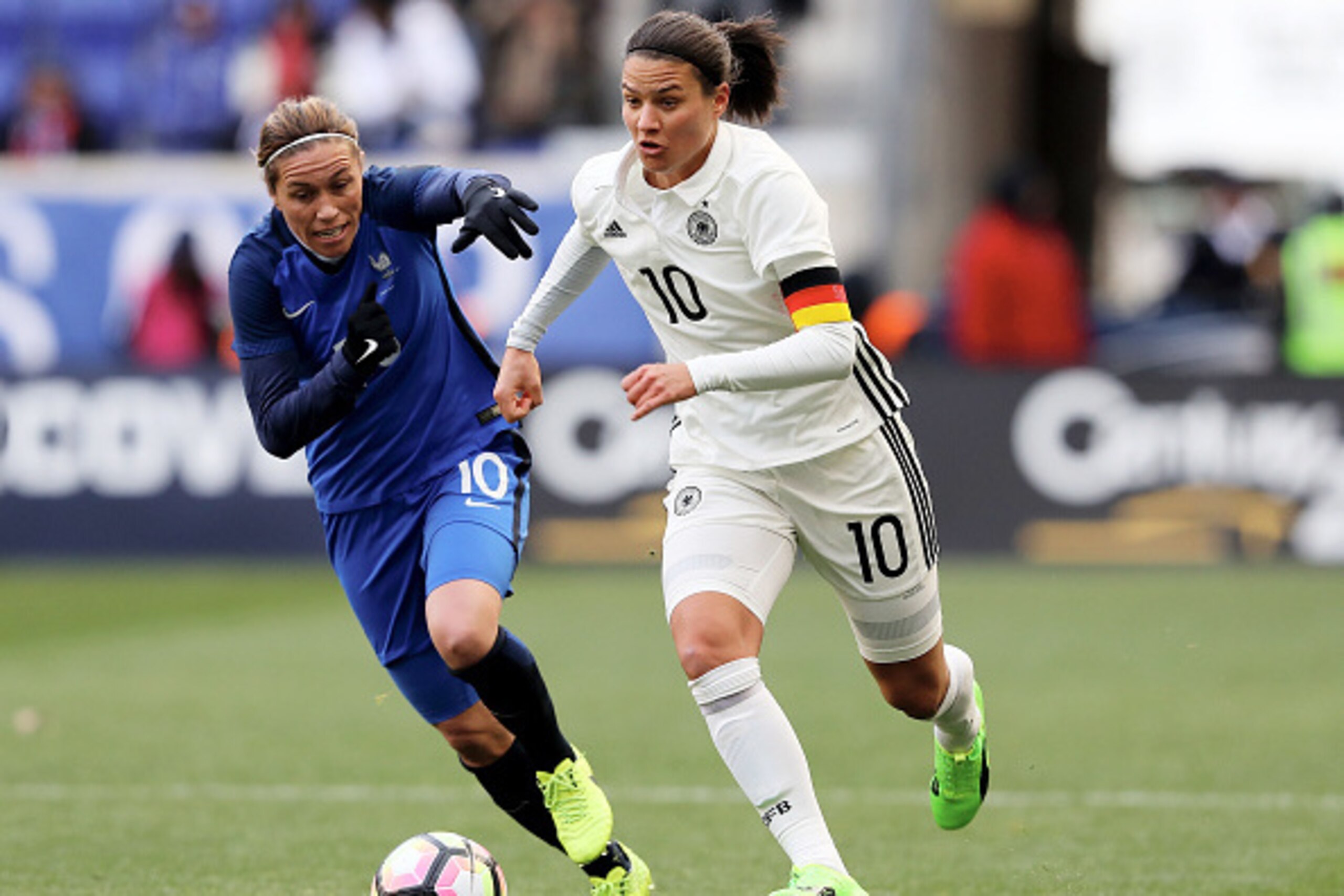 HARRISON, NJ - MARCH 04: Dzsenifer Marozsan #10 of Germany and Camille Abily #10 of France fight for the ball in the first half during the SheBelieves Cup at Red Bull Arena on March 4, 2017 in Harrison, New Jersey. (Photo by Elsa/Getty Images) HARRISON, NJ - MARCH 04: Dzsenifer Marozsan #10 of Germany and Camille Abily #10 of France fight for the ball in the first half during the SheBelieves Cup at Red Bull Arena on March 4, 2017 in Harrison, New Jersey. (Photo by Elsa/Getty Images)