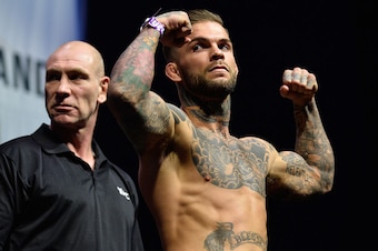 Cody Garbrandt looks back at Dominick Cruz during the UFC 207 weigh-in at T-Mobile Arena on December 29, 2016, in Las Vegas.