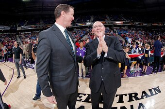 SACRAMENTO, CA - MARCH 1: Head coach George Karl of the Sacramento Kings speaks with Head coach Terry Stotts of the Portland Trail Blazers prior to the ame on March 1, 2015 at Sleep Train Arena in Sacramento, California. NOTE TO USER: User expressly ackno
