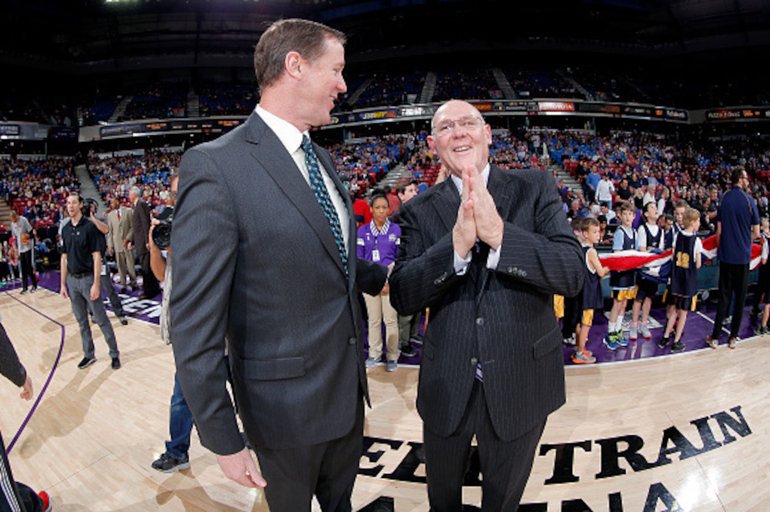 SACRAMENTO, CA - MARCH 1: Head coach George Karl of the Sacramento Kings speaks with Head coach Terry Stotts of the Portland Trail Blazers prior to the ame on March 1, 2015 at Sleep Train Arena in Sacramento, California. NOTE TO USER: User expressly ackno