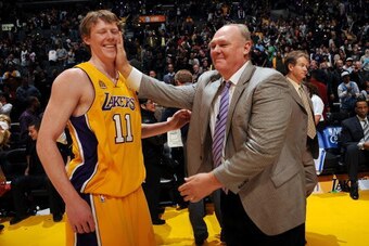 LOS ANGELES, CA - JANUARY 21:  Denver Nuggets head coach George Karl (R) playfully greets his son Coby Karl #11 of the Los Angeles Lakers after their game at Staples Center on January 21, 2008 in Los Angeles, California. NOTE TO USER: User expressly ackno
