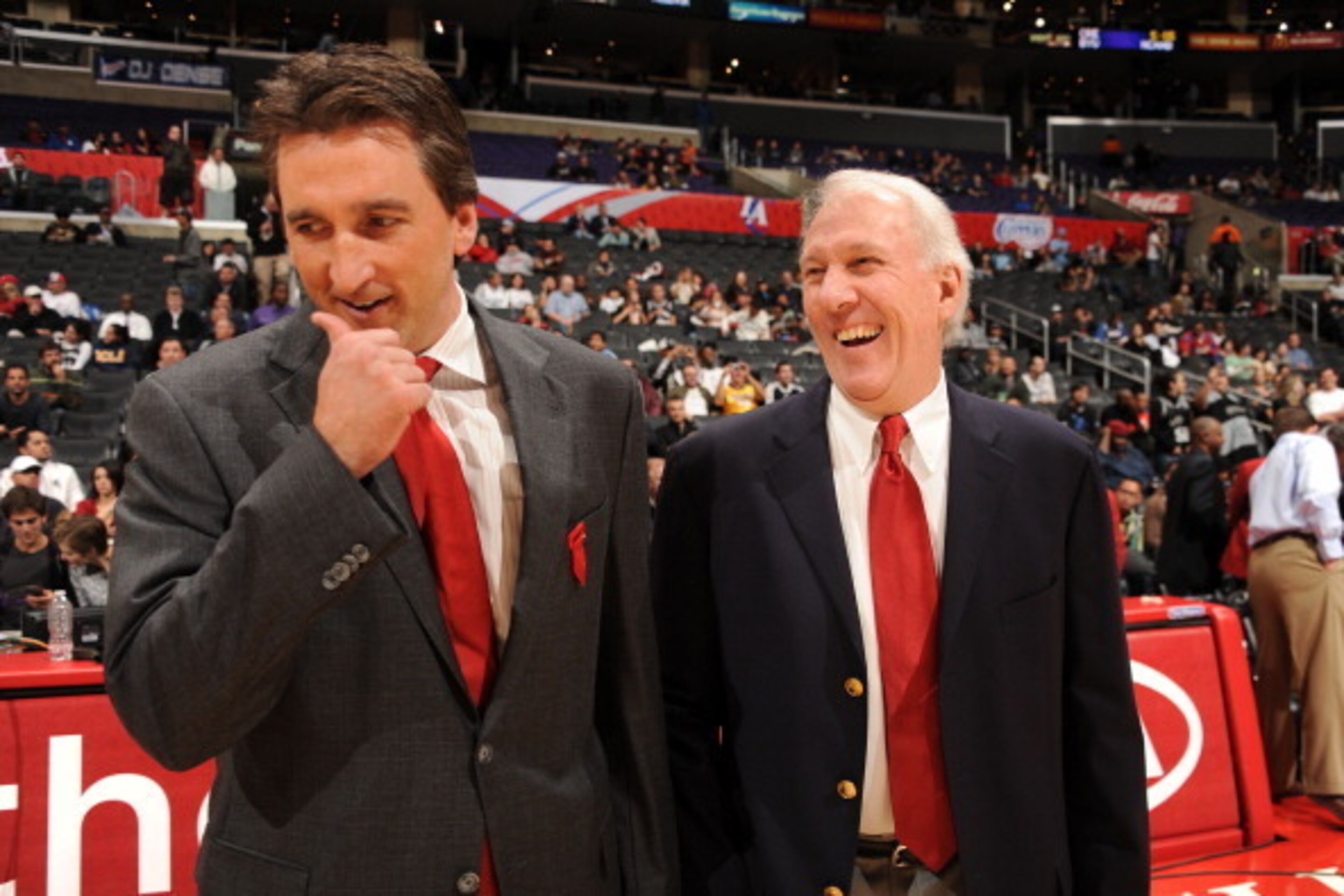 LOS ANGELES, CA - DECEMBER 1:  Head Coach Vinny Del Negro of the Los Angeles Clippers and Head Coach Gregg Popovich of the San Antonio Spurs share a laugh before their game at Staples Center on December 1, 2010 in Los Angeles, California.  The coaches are