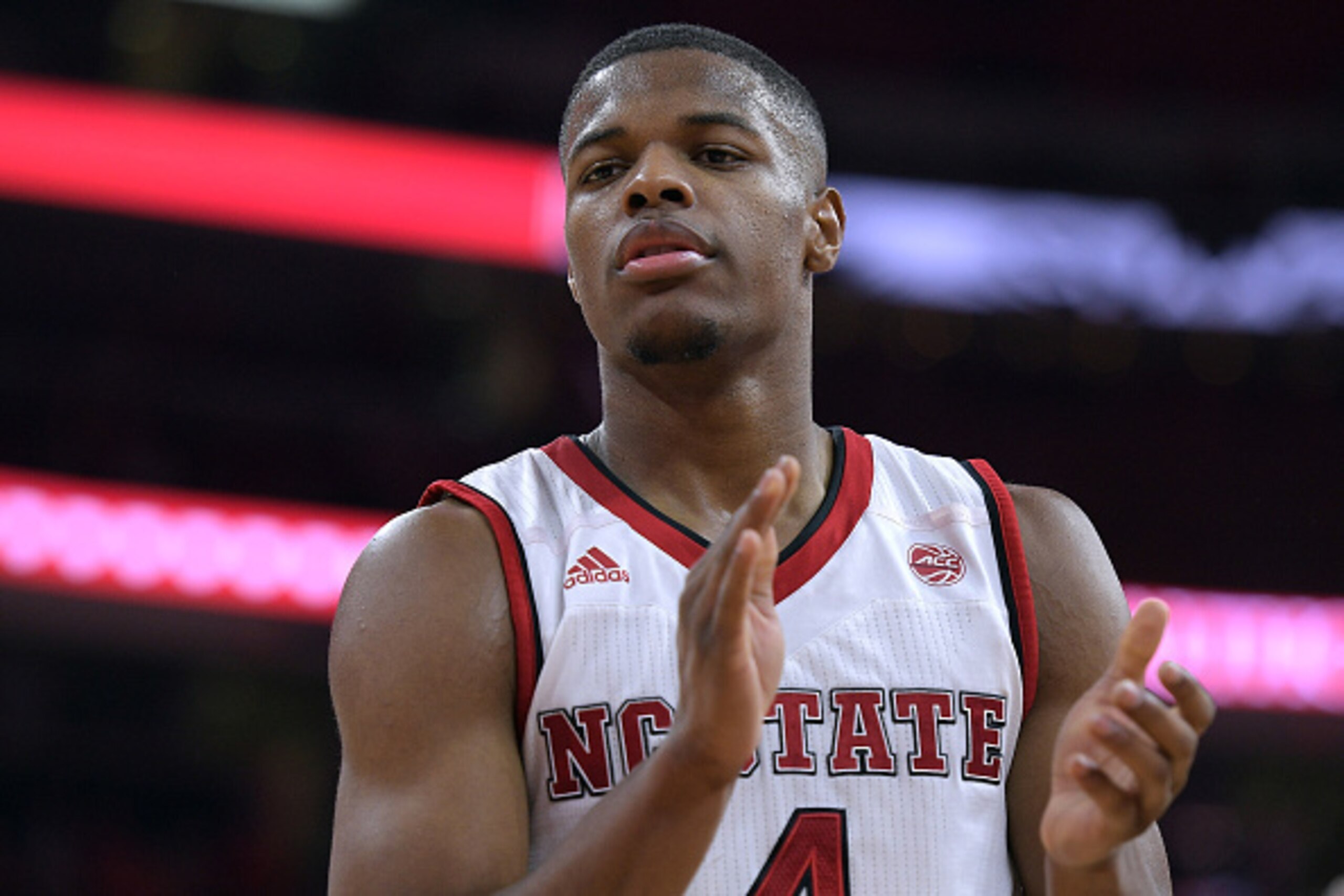 RALEIGH, NC - FEBRUARY 01: Dennis Smith Jr. #4 of the North Carolina State Wolfpack reacts against the Syracuse Orange at PNC Arena on February 1, 2017 in Raleigh, North Carolina. (Photo by Lance King/Getty Images)
