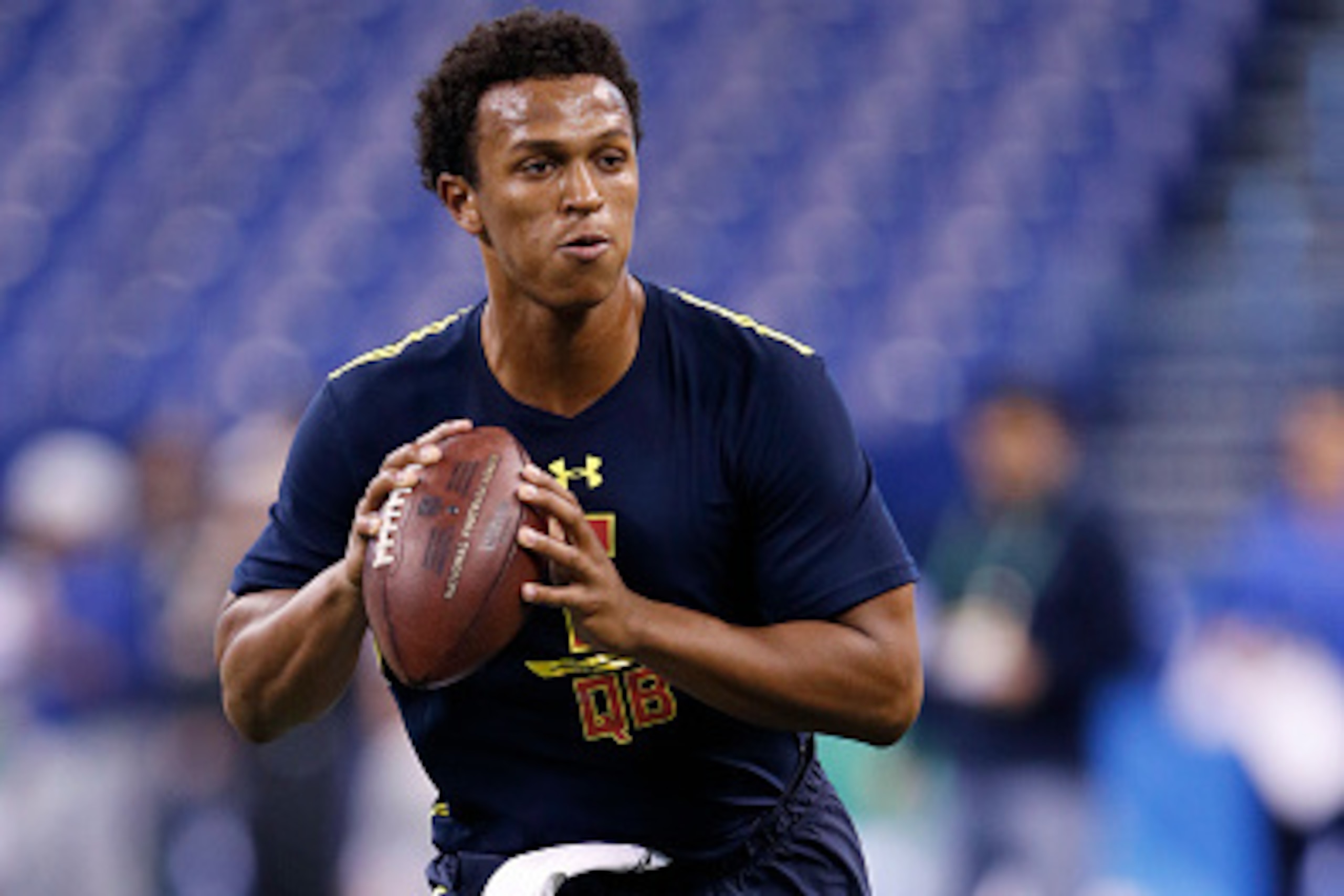 INDIANAPOLIS, IN - MARCH 04: Quarterback DeShone Kizer of Notre Dame in action during day four of the NFL Combine at Lucas Oil Stadium on March 4, 2017 in Indianapolis, Indiana. (Photo by Joe Robbins/Getty Images)