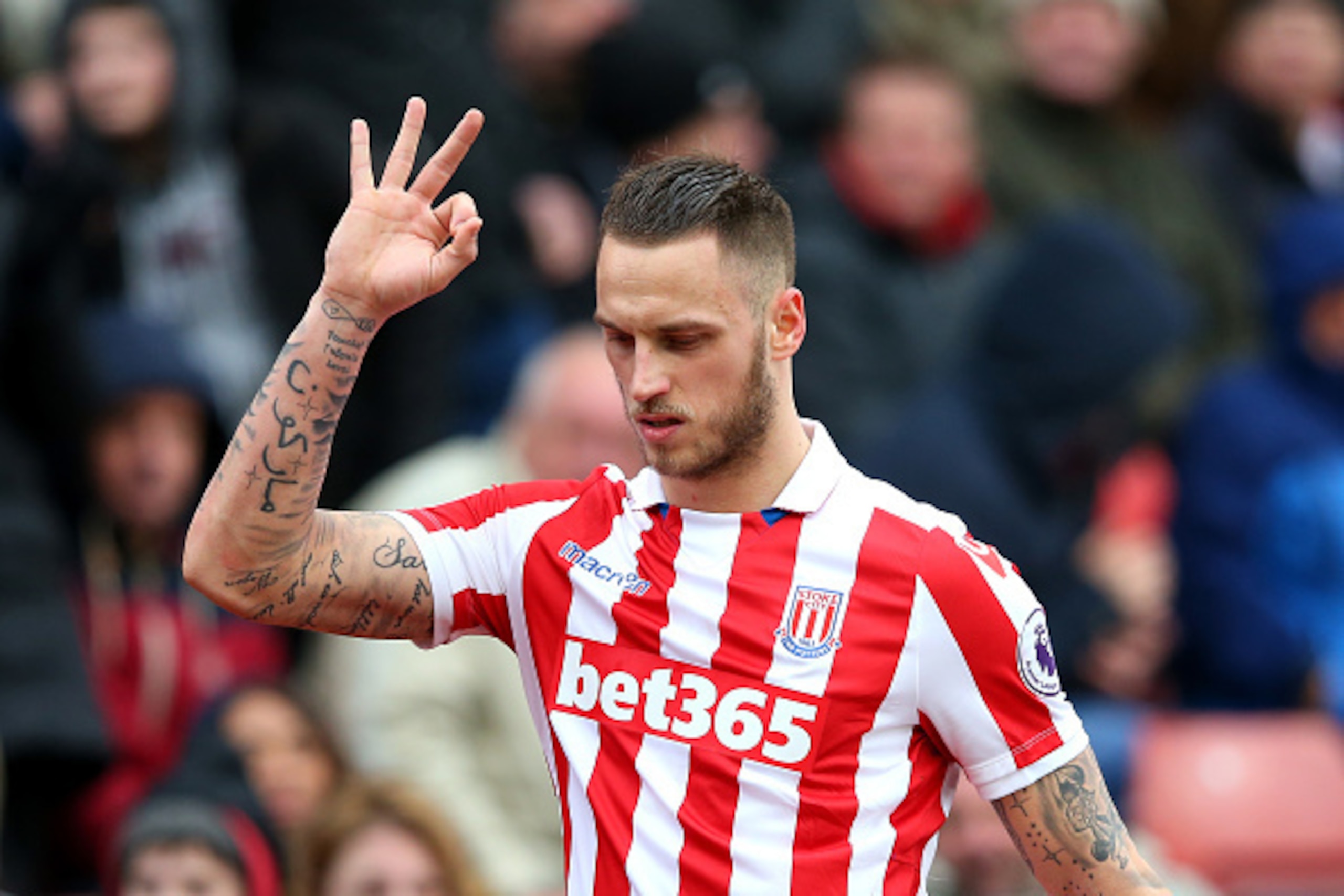 STOKE ON TRENT, ENGLAND - MARCH 04: Marko Arnautovic of Stoke City reacts as he is subbed off during the Premier League match between Stoke City and Middlesbrough at Bet365 Stadium on March 4, 2017 in Stoke on Trent, England.  (Photo by Alex Livesey/Getty