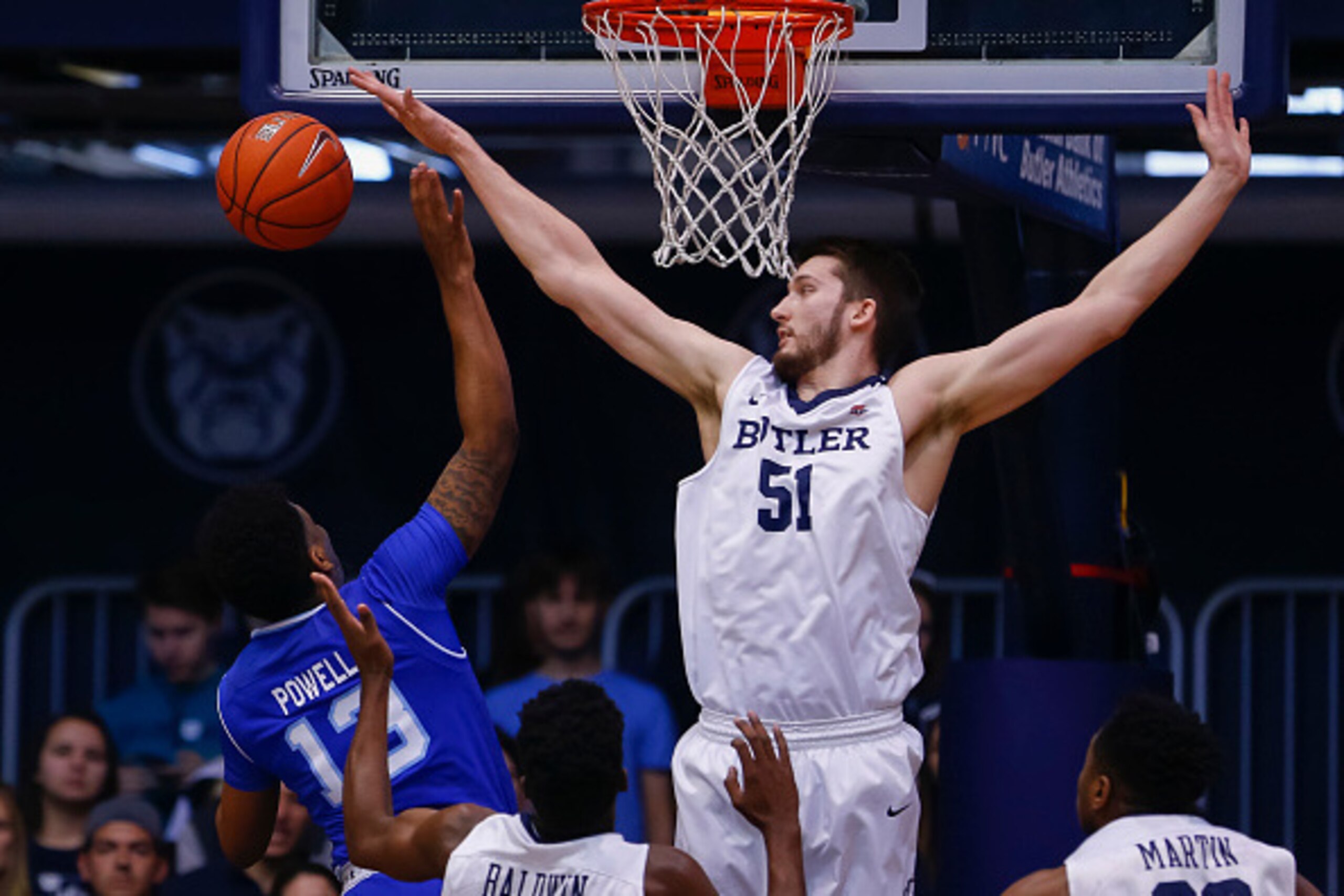 INDIANAPOLIS, IN - MARCH 04: Myles Powell #13 of the Seton Hall Pirates shoots the ball as Nate Fowler #51 of the Butler Bulldogs makes the block at Hinkle Fieldhouse on March 4, 2017 in Indianapolis, Indiana. (Photo by Michael Hickey/Getty Images)