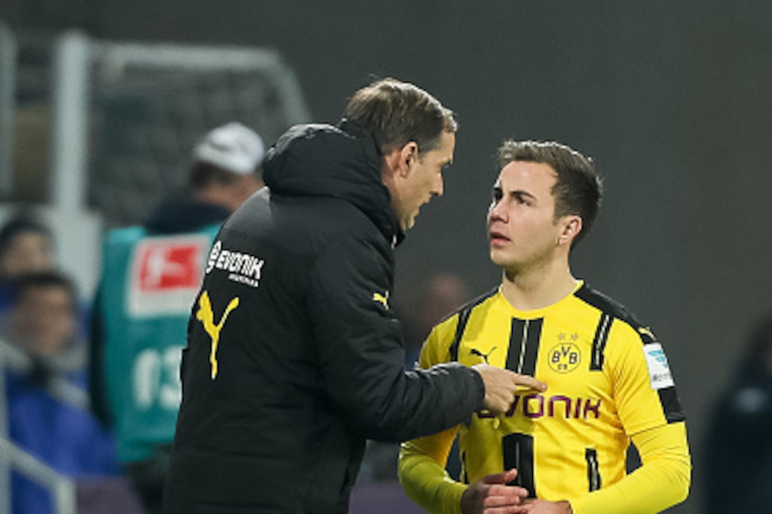 SINSHEIM, GERMANY - DECEMBER 16: Coach Thomas Tuchel of Dortmund and Mario Goetze of Dortmund gestures during the Bundesliga match between TSG 1899 Hoffenheim and Borussia Dortmund at Wirsol Rhein-Neckar-Arena on December 16, 2016 in Sinsheim, Germany. (P