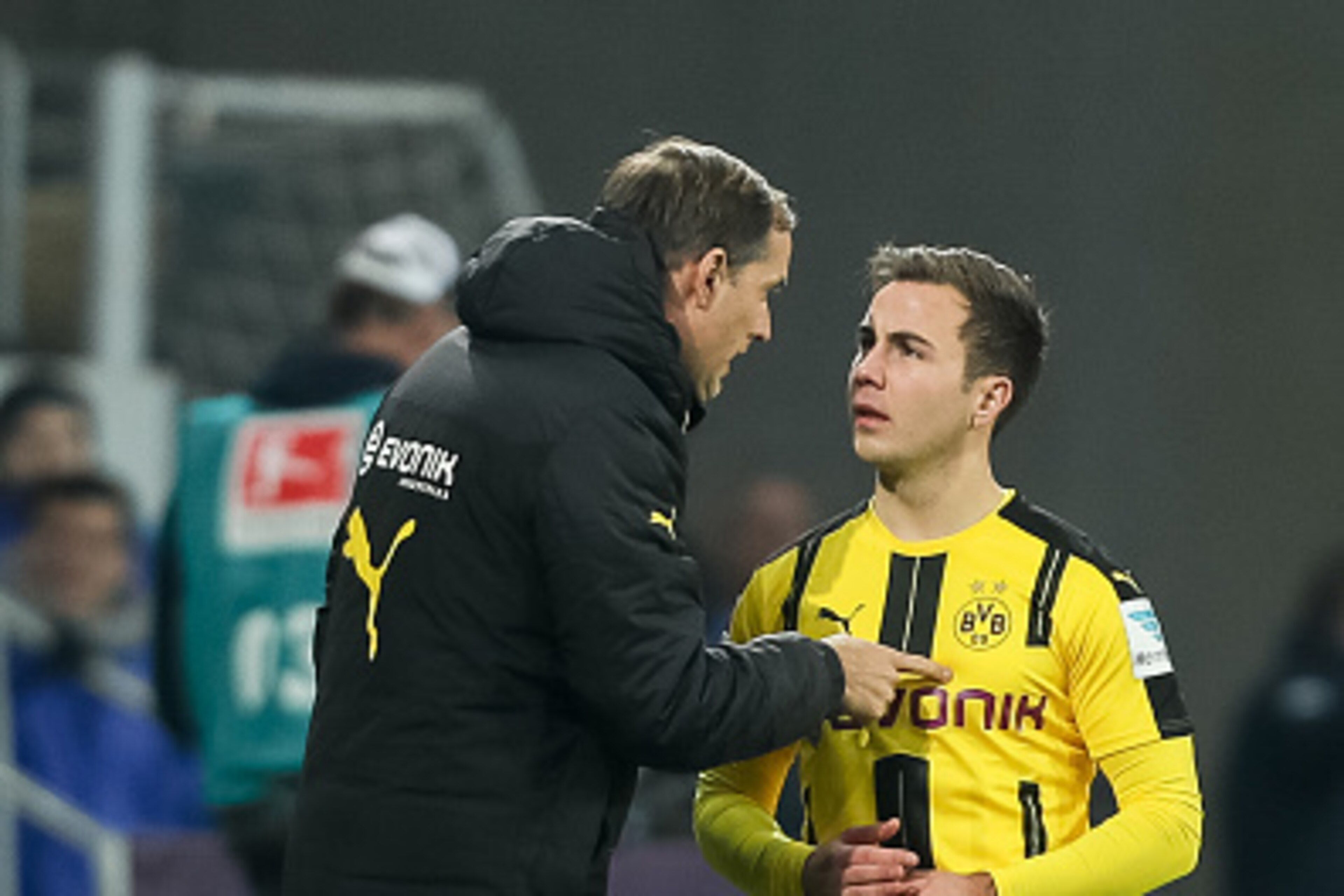 SINSHEIM, GERMANY - DECEMBER 16: Coach Thomas Tuchel of Dortmund and Mario Goetze of Dortmund gestures during the Bundesliga match between TSG 1899 Hoffenheim and Borussia Dortmund at Wirsol Rhein-Neckar-Arena on December 16, 2016 in Sinsheim, Germany. (P SINSHEIM, GERMANY - DECEMBER 16: Coach Thomas Tuchel of Dortmund and Mario Goetze of Dortmund gestures during the Bundesliga match between TSG 1899 Hoffenheim and Borussia Dortmund at Wirsol Rhein-Neckar-Arena on December 16, 2016 in Sinsheim, Germany. (P